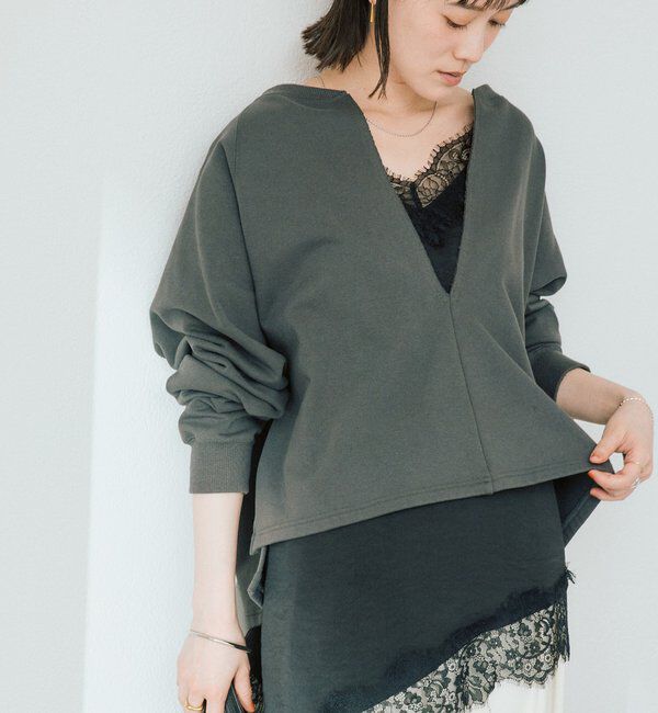  「【大人が着やすい】キーネックオーバースウェット」|Tシャツ・カットソー|チャコールグレー