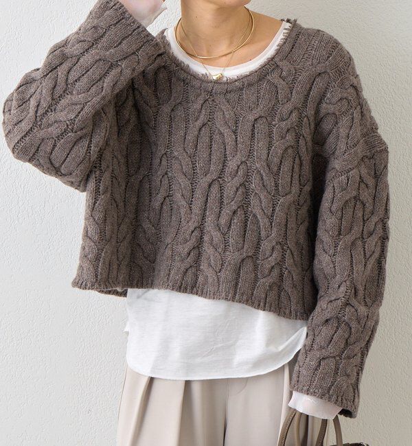  「【大人のこなれ感を演出】フリンジネックケーブルニット」|ニット・セーター|モカ