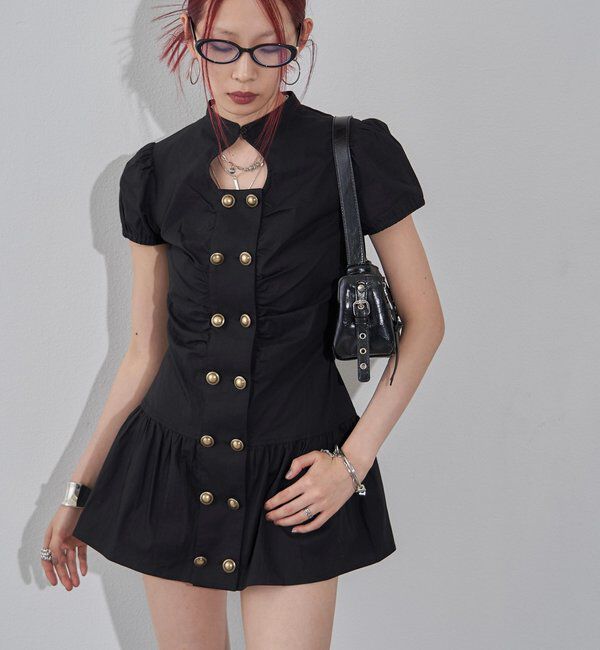  「Wボタンギャザーワンピ（無地/チェック/ドット）」|ワンピース|