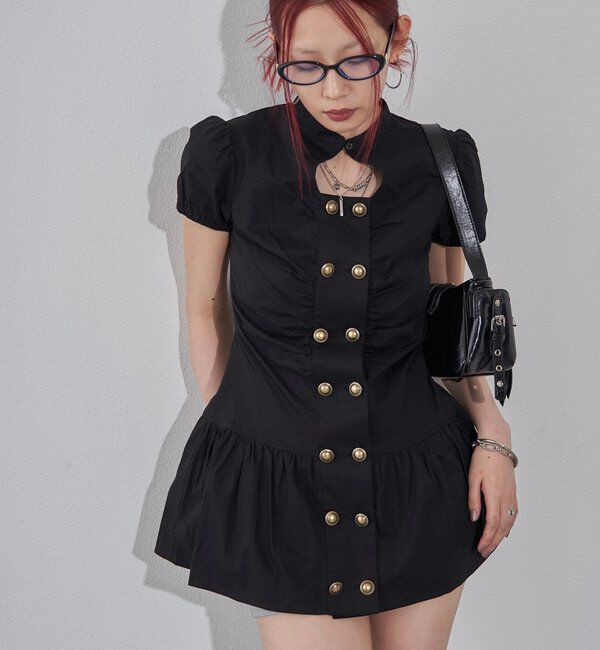  「Wボタンギャザーワンピ（無地/チェック/ドット）」|ワンピース|