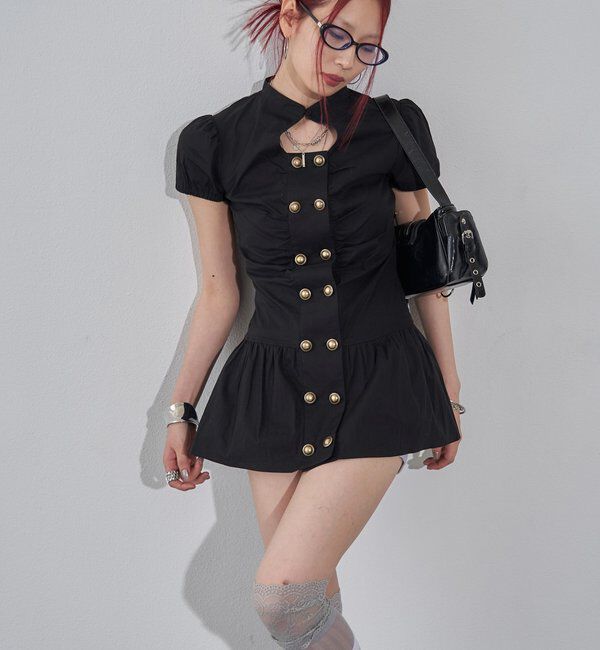  「Wボタンギャザーワンピ（無地/チェック/ドット）」|ワンピース|