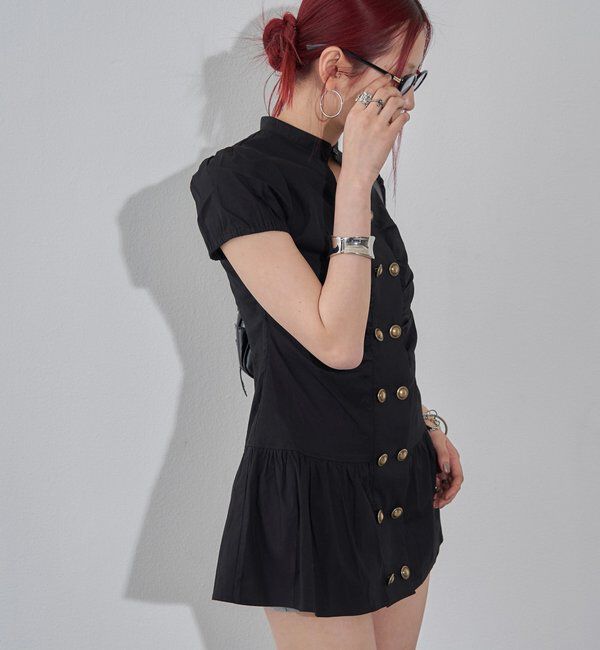  「Wボタンギャザーワンピ（無地/チェック/ドット）」|ワンピース|