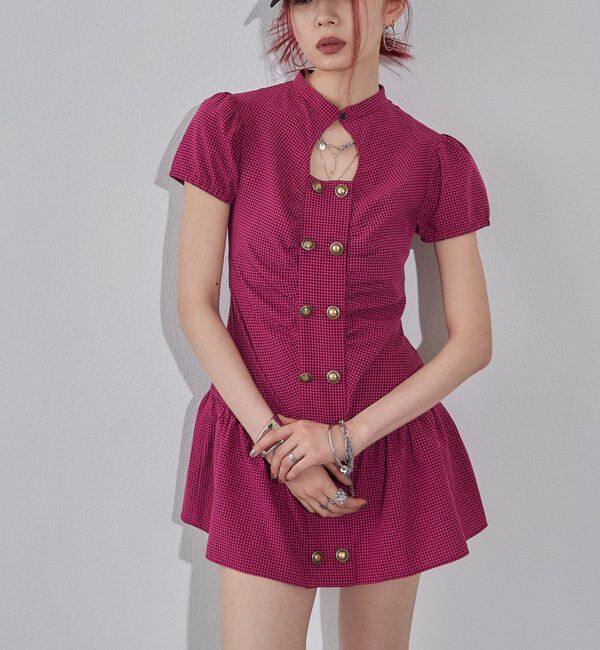  「Wボタンギャザーワンピ（無地/チェック/ドット）」|ワンピース|