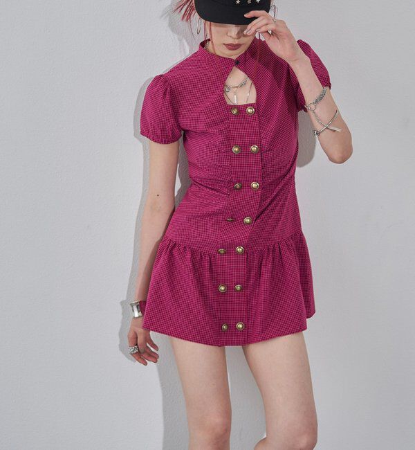  「Wボタンギャザーワンピ（無地/チェック/ドット）」|ワンピース|