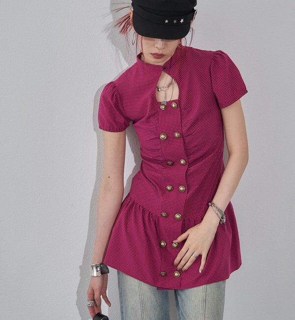  「Wボタンギャザーワンピ（無地/チェック/ドット）」|ワンピース|