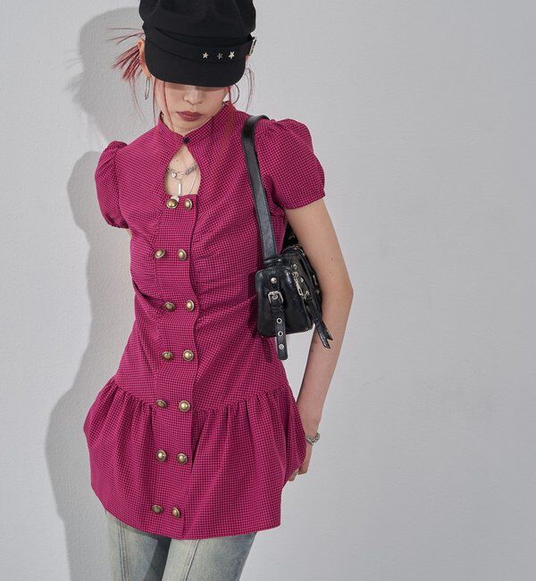  「Wボタンギャザーワンピ（無地/チェック/ドット）」|ワンピース|