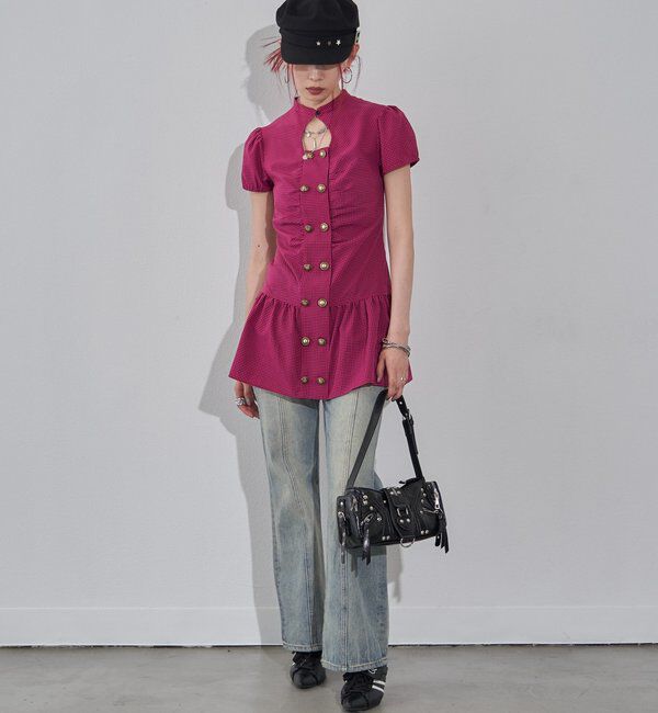  「Wボタンギャザーワンピ（無地/チェック/ドット）」|ワンピース|