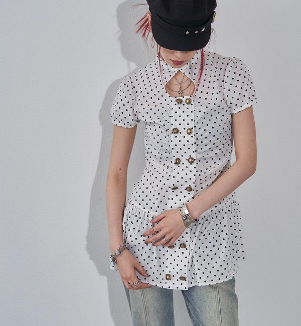  「Wボタンギャザーワンピ（無地/チェック/ドット）」|ワンピース|