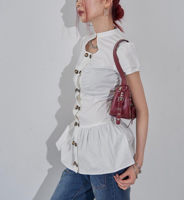  「Wボタンギャザーワンピ（無地/チェック/ドット）」|ワンピース|