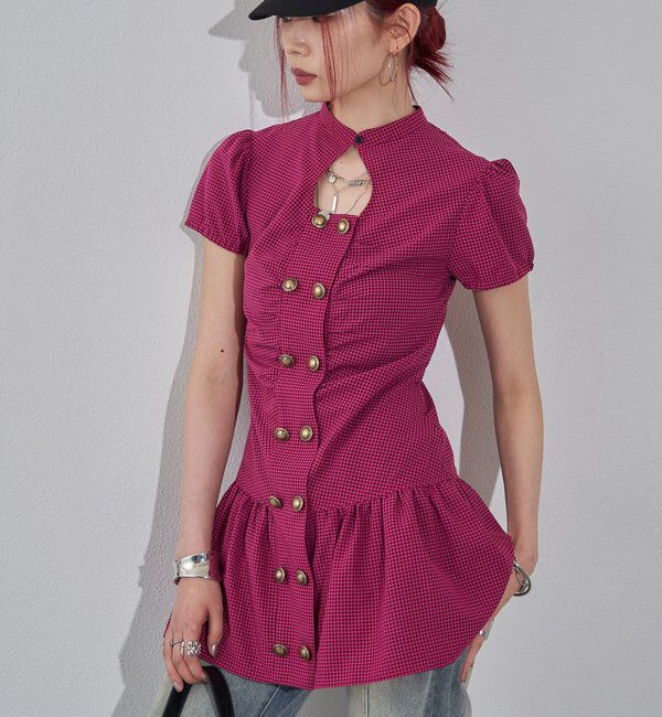  「Wボタンギャザーワンピ（無地/チェック/ドット）」|ワンピース|ピンク