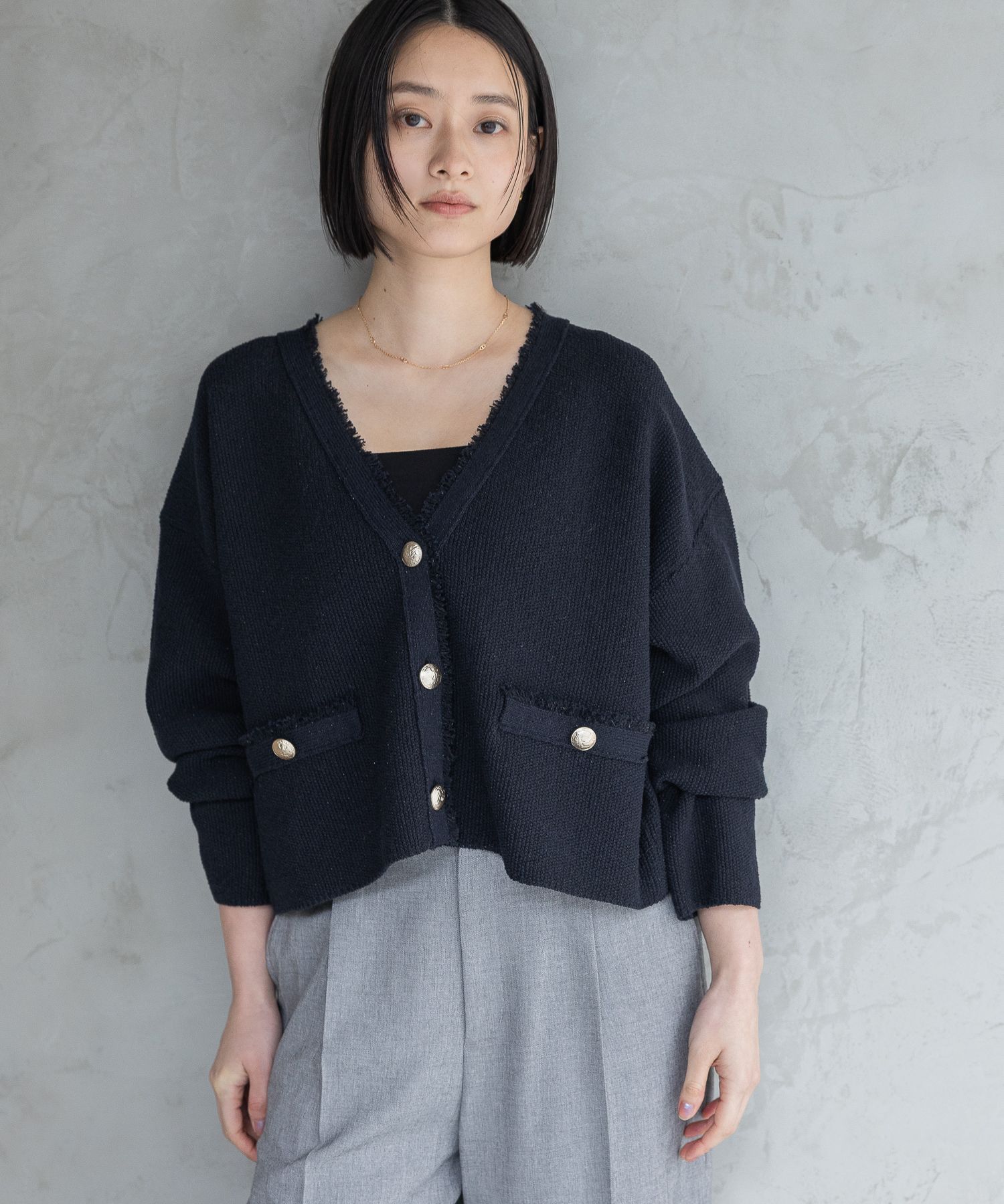 A part by 「ツイードVカーディガン」|ニット・セーター|ネイビー２