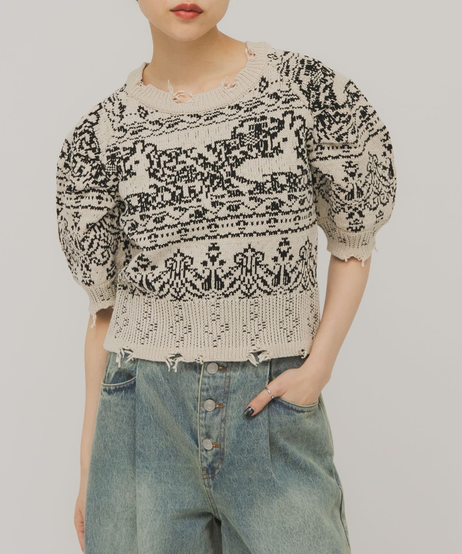  「ジャガードハーフスリーブニット」|ニット・セーター|