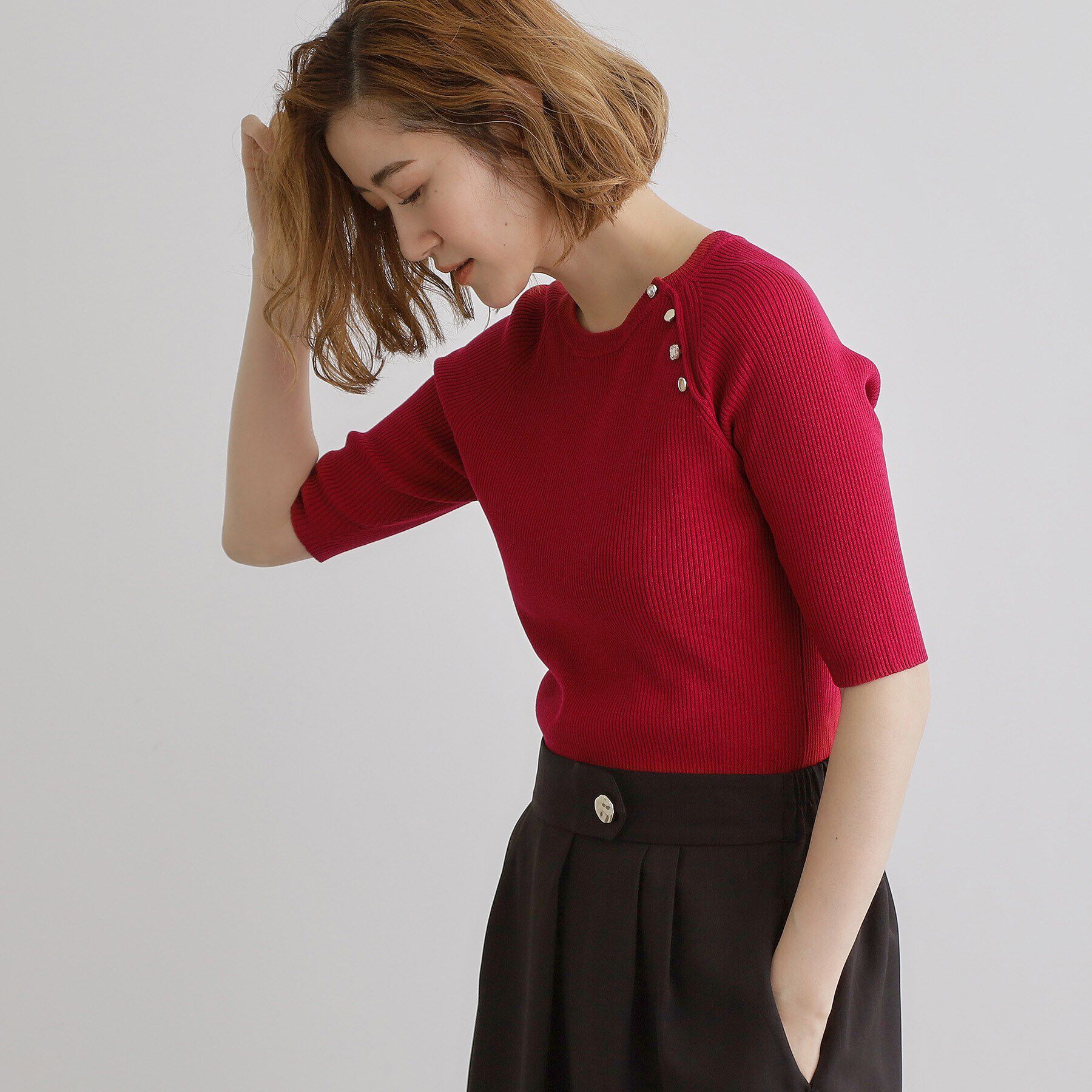 grove「【雑誌掲載】多釦ラグランリブ5分袖プルオーバー」|ニット・セーター|