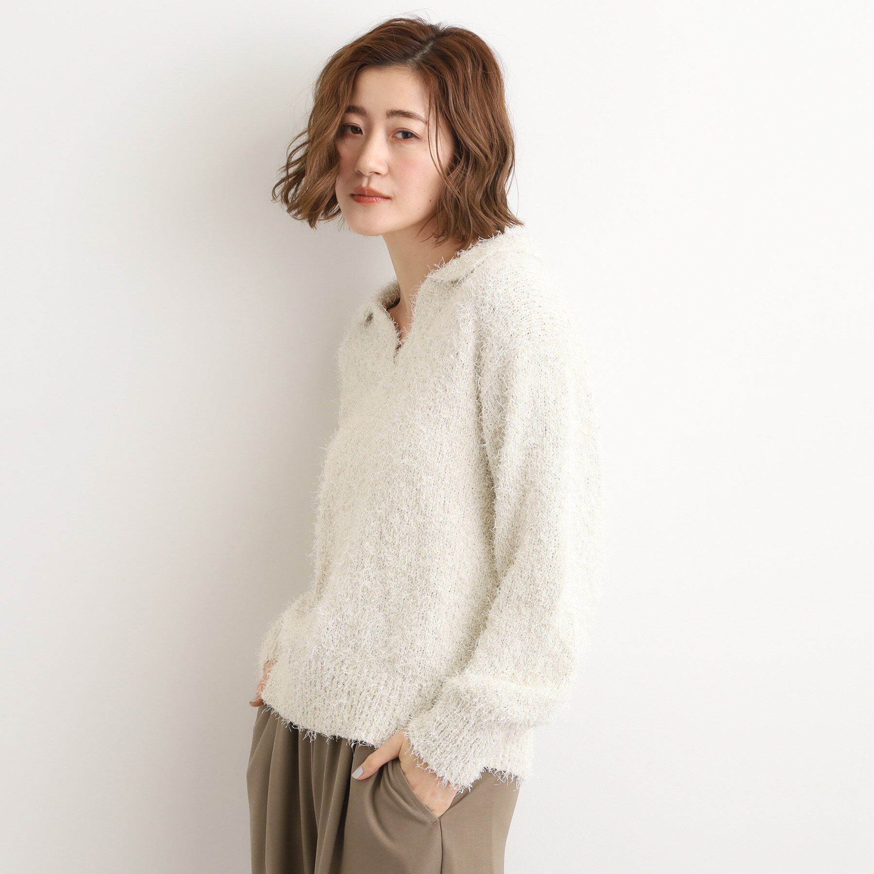 grove「【最終お値下げ！！】ラメフェザーヤーン オープンカラーニット」|ニット・セーター|