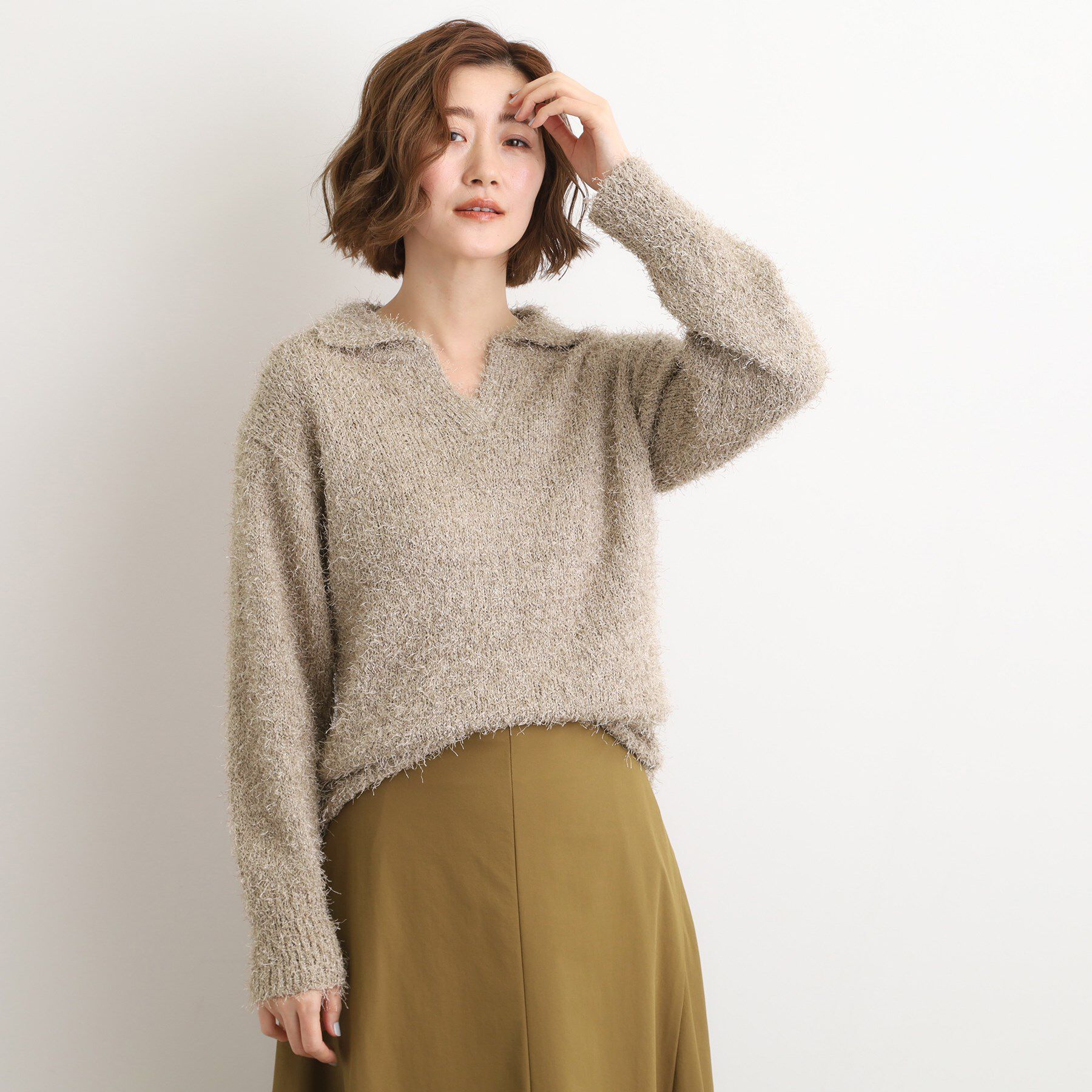 grove「【最終お値下げ！！】ラメフェザーヤーン オープンカラーニット」|ニット・セーター|