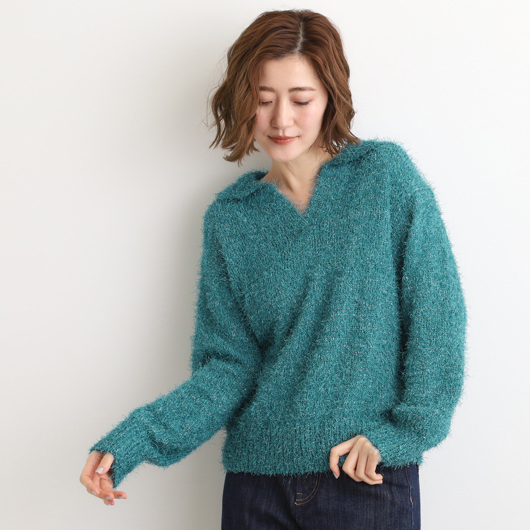 grove「【最終お値下げ！！】ラメフェザーヤーン オープンカラーニット」|ニット・セーター|グリーン(092)