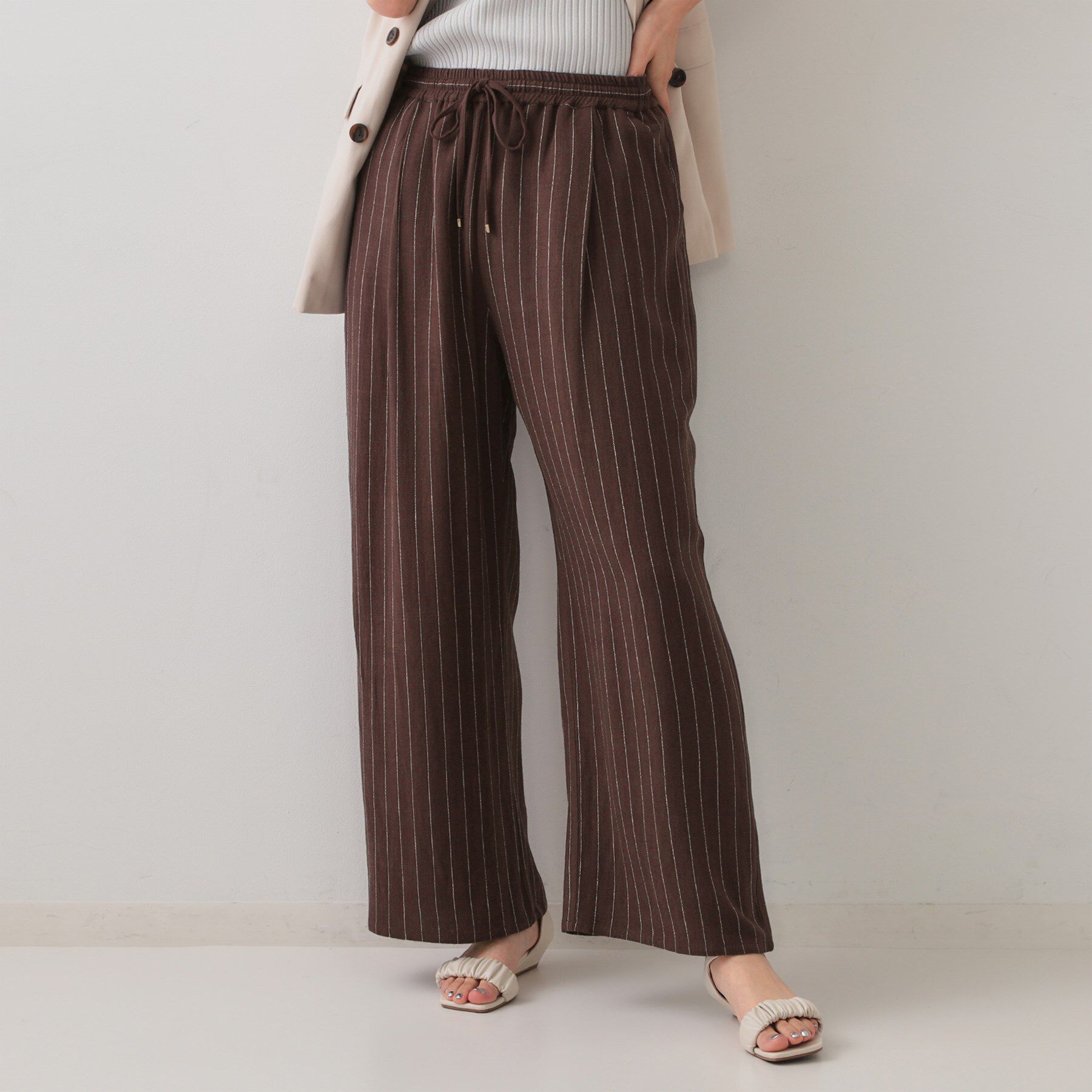 OPAQUE.CLIP「麻混ストライプイージーワイドパンツ【洗濯機洗い可】」|その他|ブラウン(344)