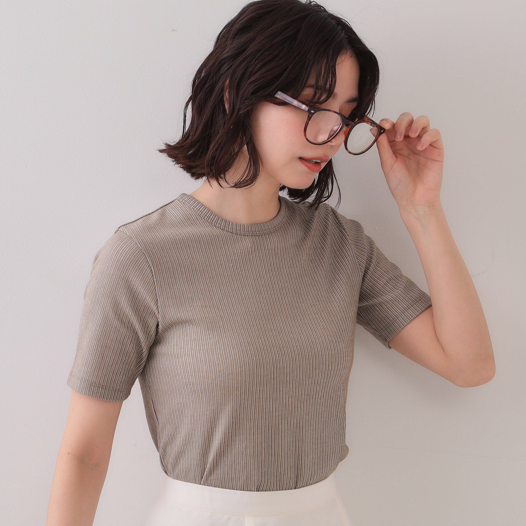 OPAQUE.CLIP「ストライプリブカットソー【洗濯機洗い可】」|Tシャツ・カットソー|オリーブグリーン(1