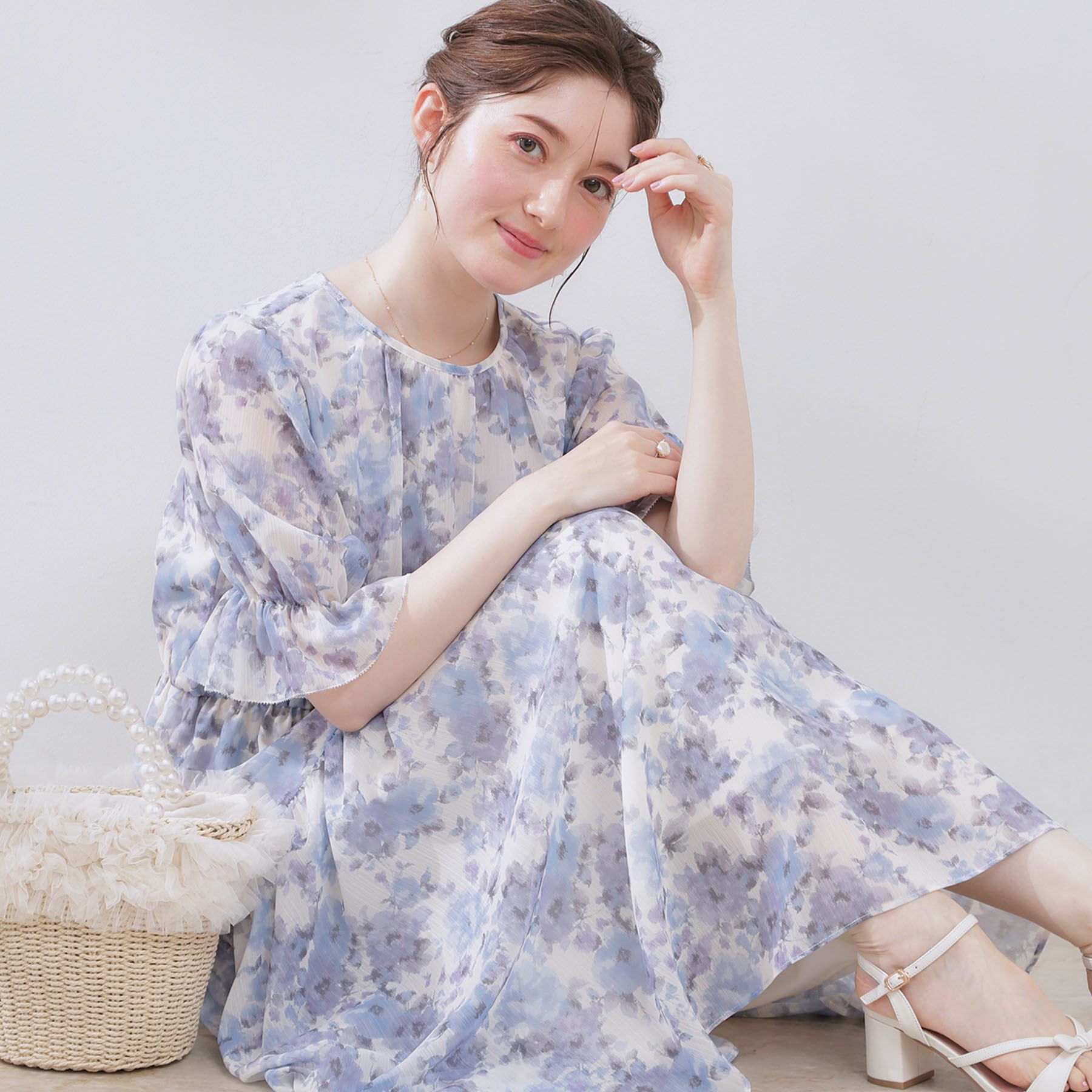 Couture broach「【一枚で着映える・大人可愛い】かすれプリント楊柳ワンピース」|ワンピース|ブルー(191)