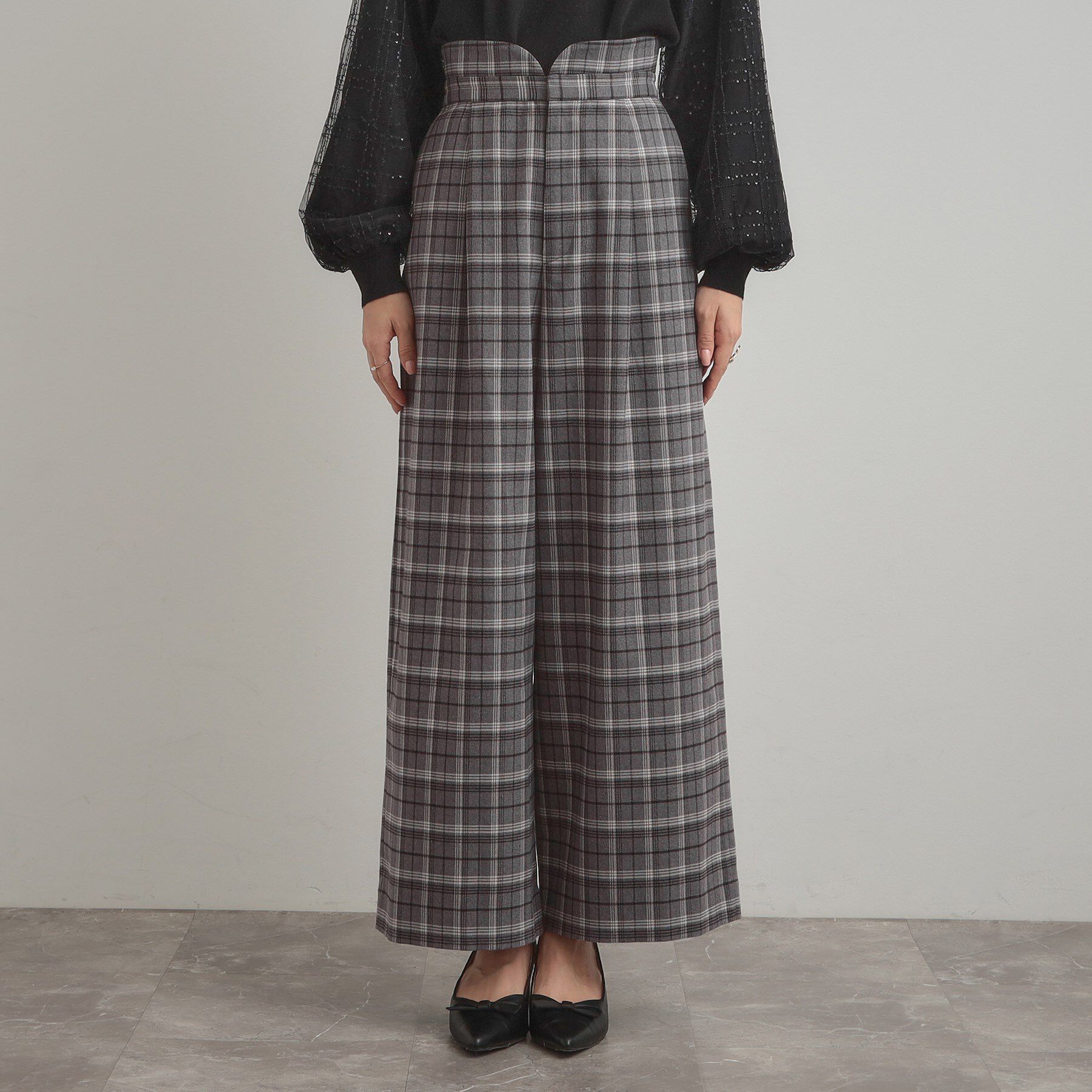 Couture broach「【大人可愛い】起毛先染めチェック柄 スカラウエスト ワイドパンツ」|その他|