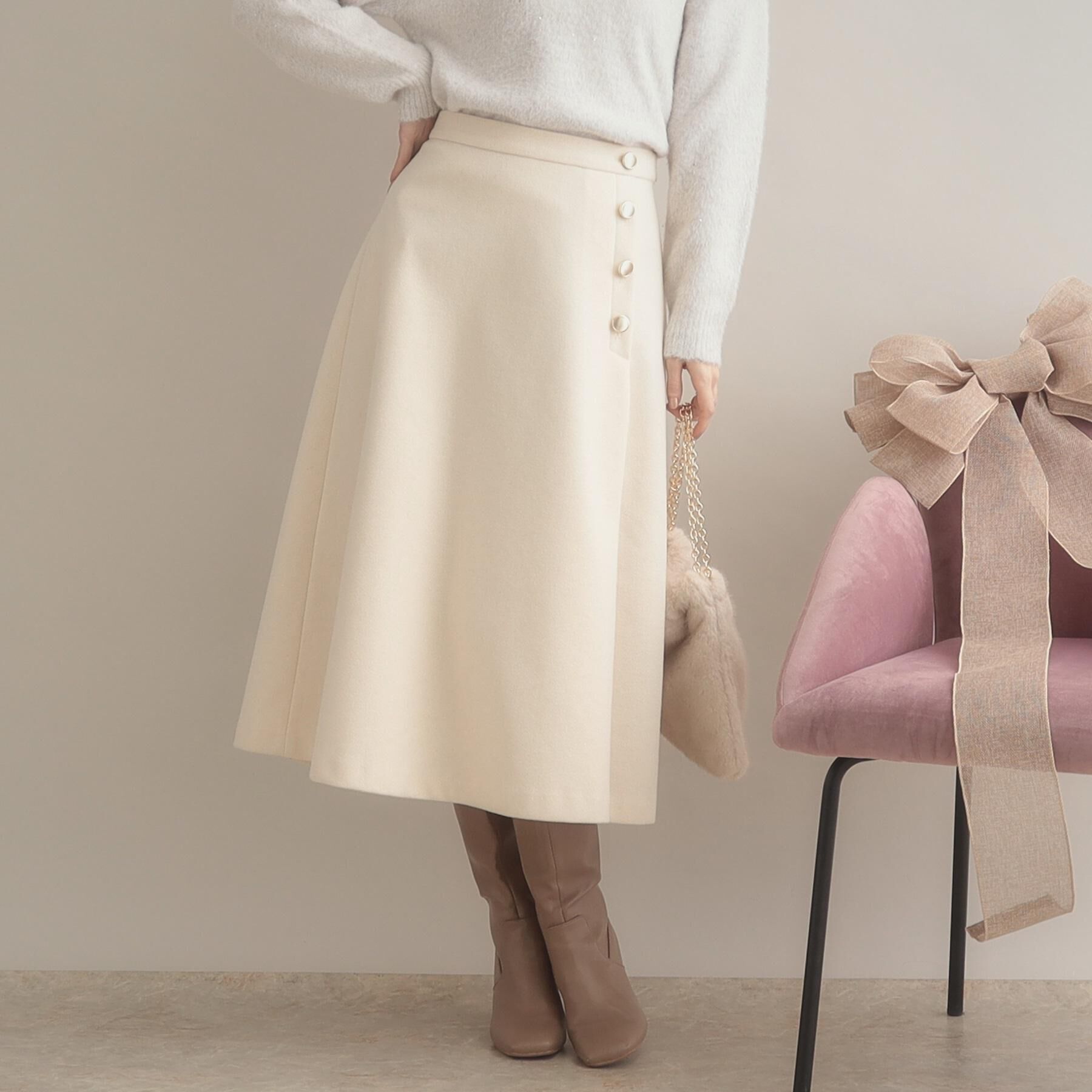 Couture broach「【通勤/金ボタン】フェイクウール ポンチスカート」|スカート|