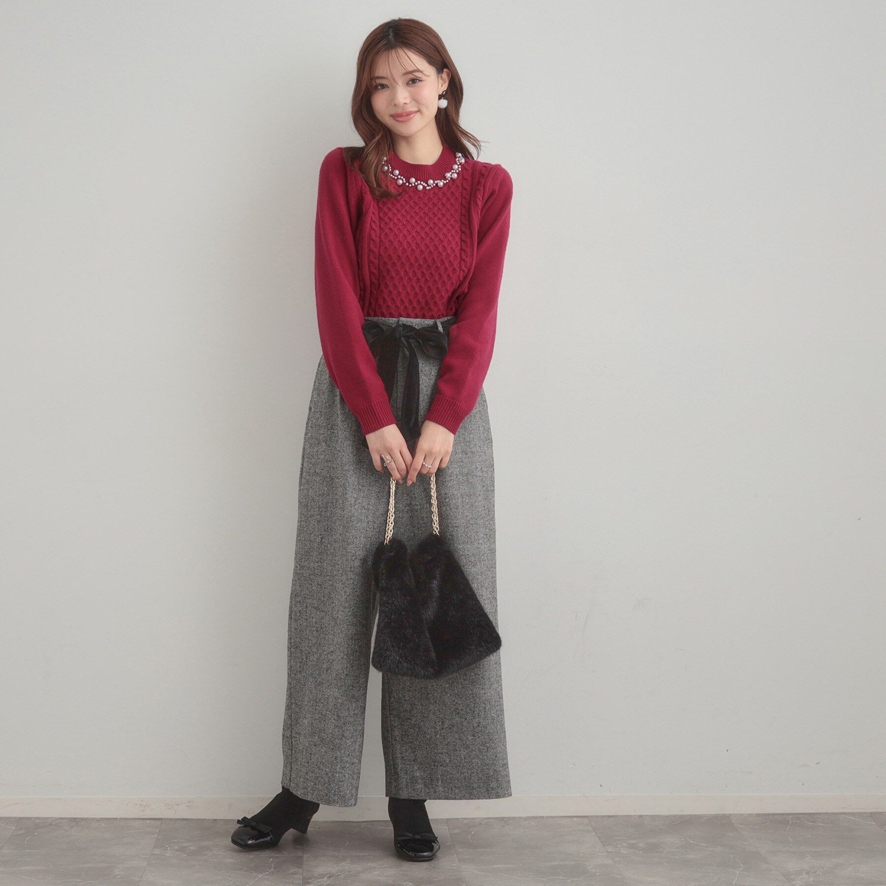 Couture broach「【きれいめ】パール調デザイン アラン柄ニット」|ニット・セーター|