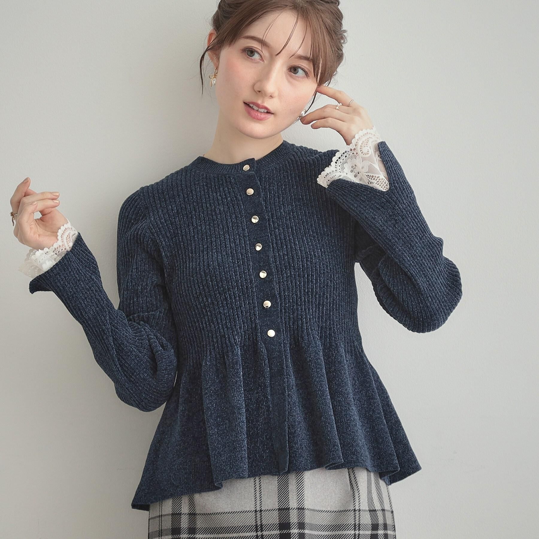 Couture broach「【袖口レース・着映え】短毛モールペプラム カーデ」|カーディガン|