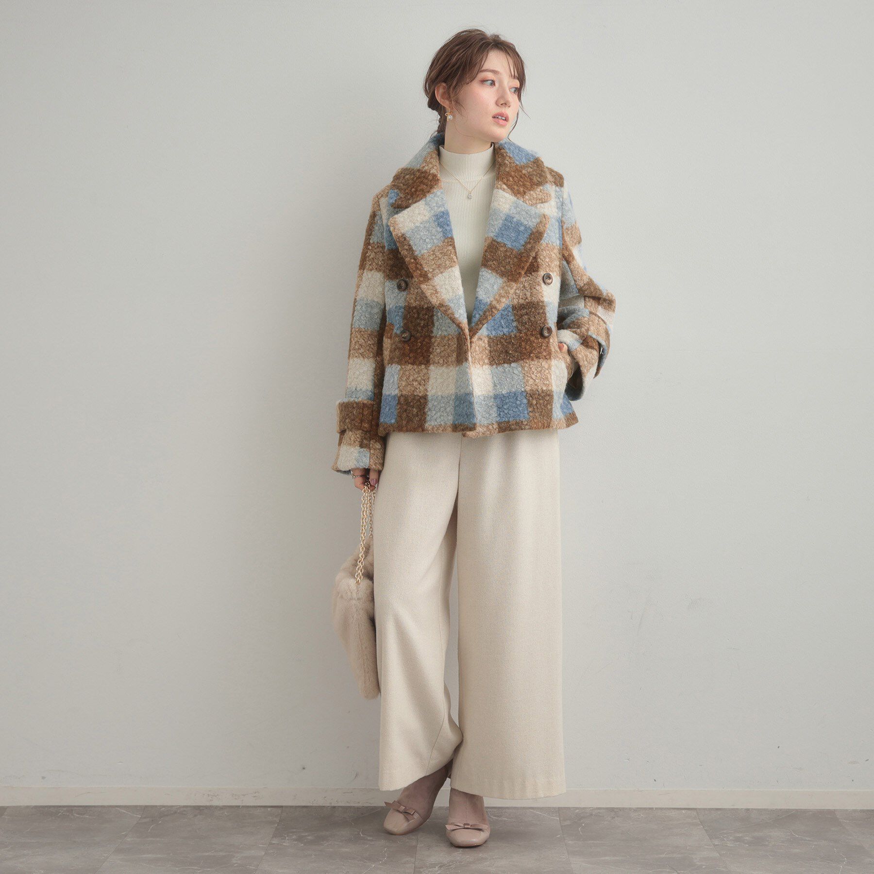 Couture broach「【S-LL/無地・チェック柄】プードルボア ショートコート」|ピーコート|