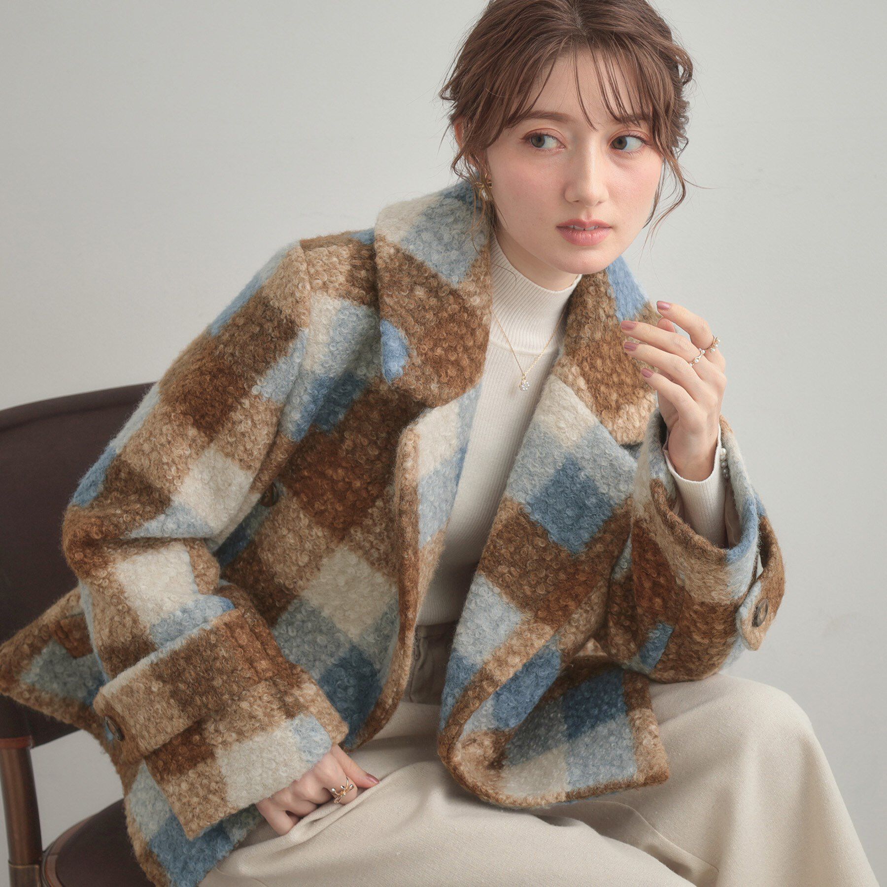 Couture broach「【S-LL/無地・チェック柄】プードルボア ショートコート」|ピーコート|
