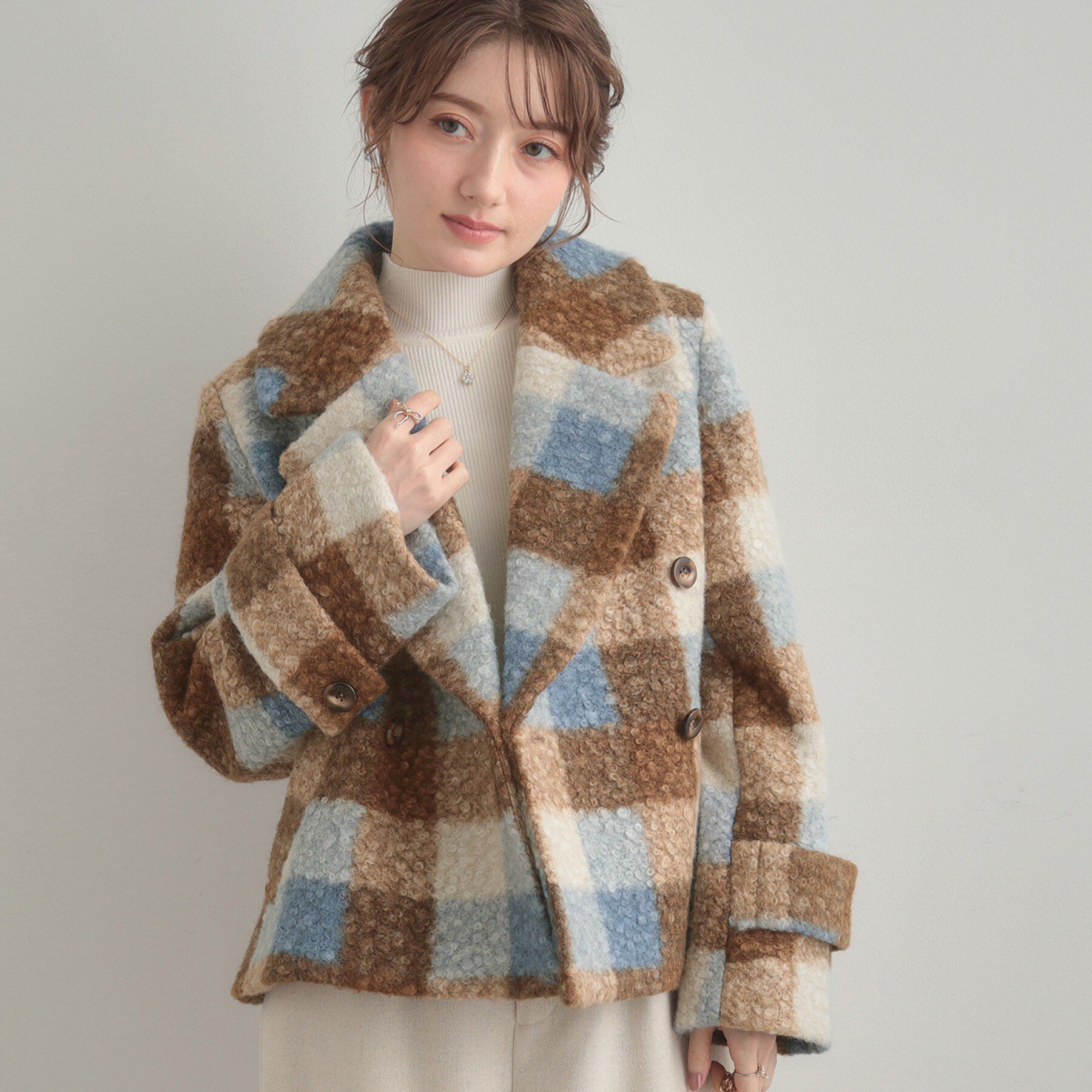 Couture broach「【S-LL/無地・チェック柄】プードルボア ショートコート」|ピーコート|