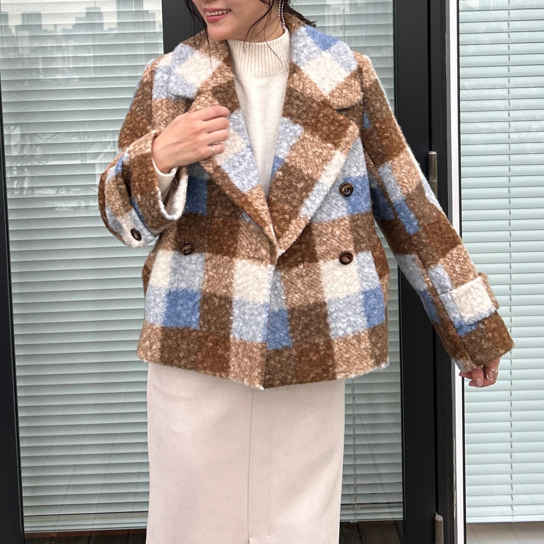 Couture broach「【S-LL/無地・チェック柄】プードルボア ショートコート」|ピーコート|