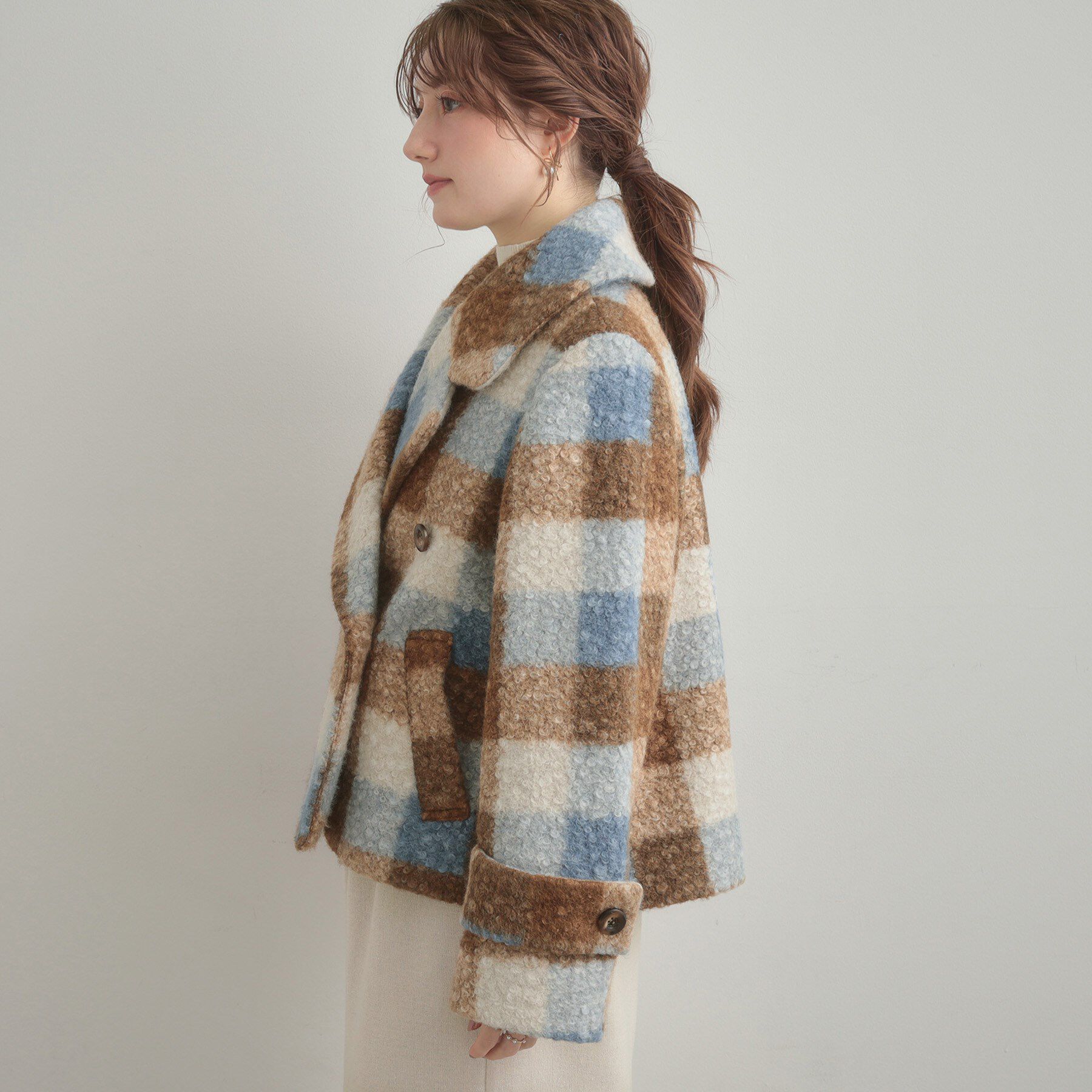 Couture broach「【S-LL/無地・チェック柄】プードルボア ショートコート」|ピーコート|
