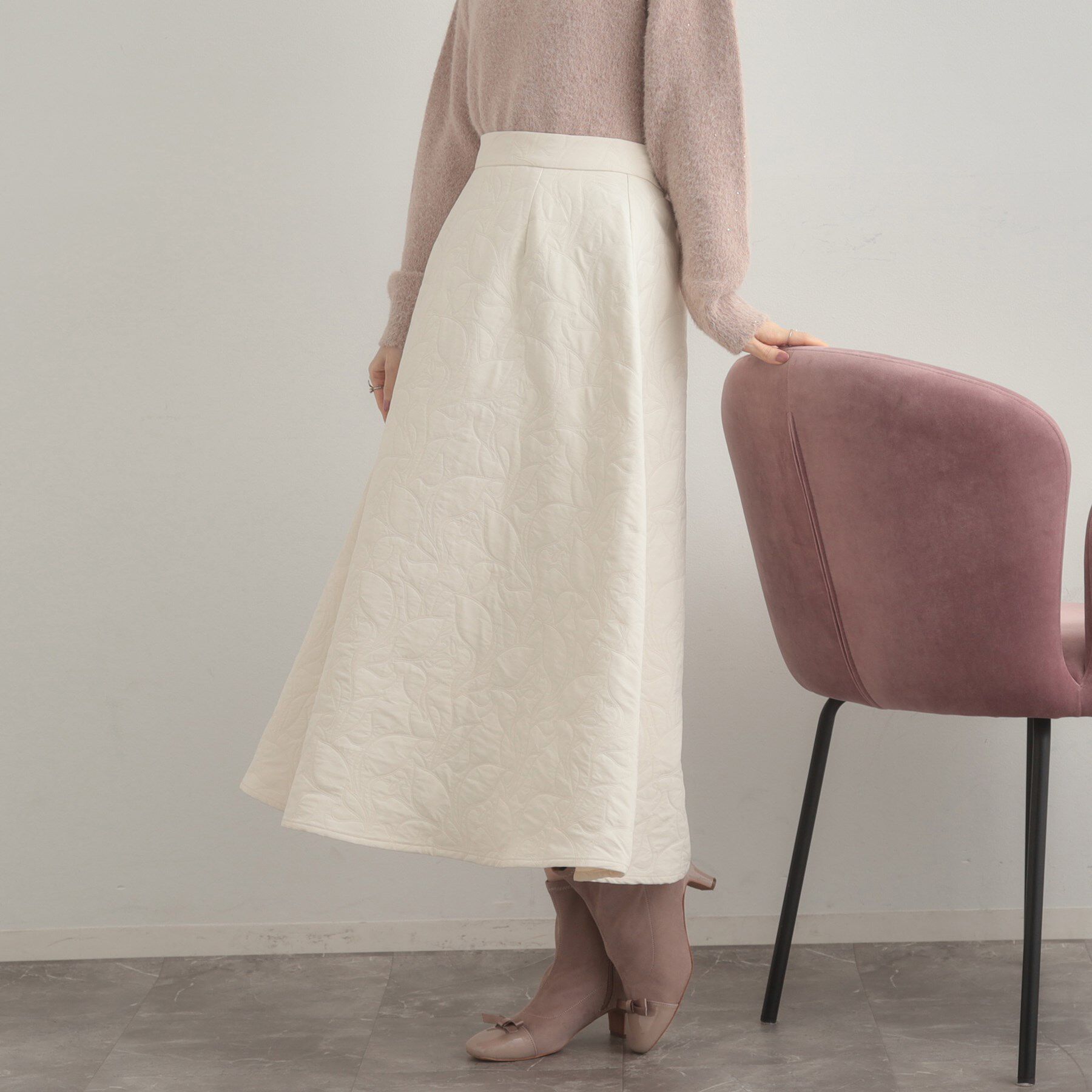 Couture broach「【洗える】リーフジャカード フレアスカート」|スカート|オフホワイト(003