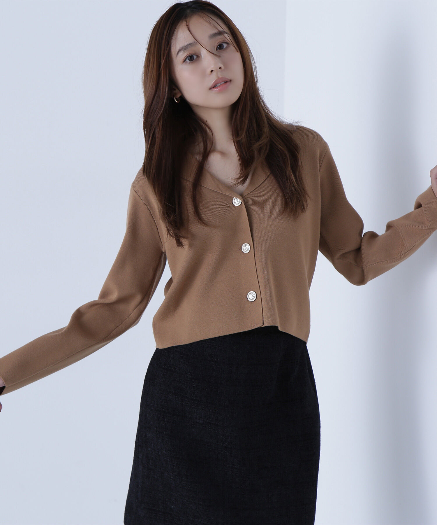  「襟付きメタルボタンニットジャケット」|ニット・セーター|キャメル1