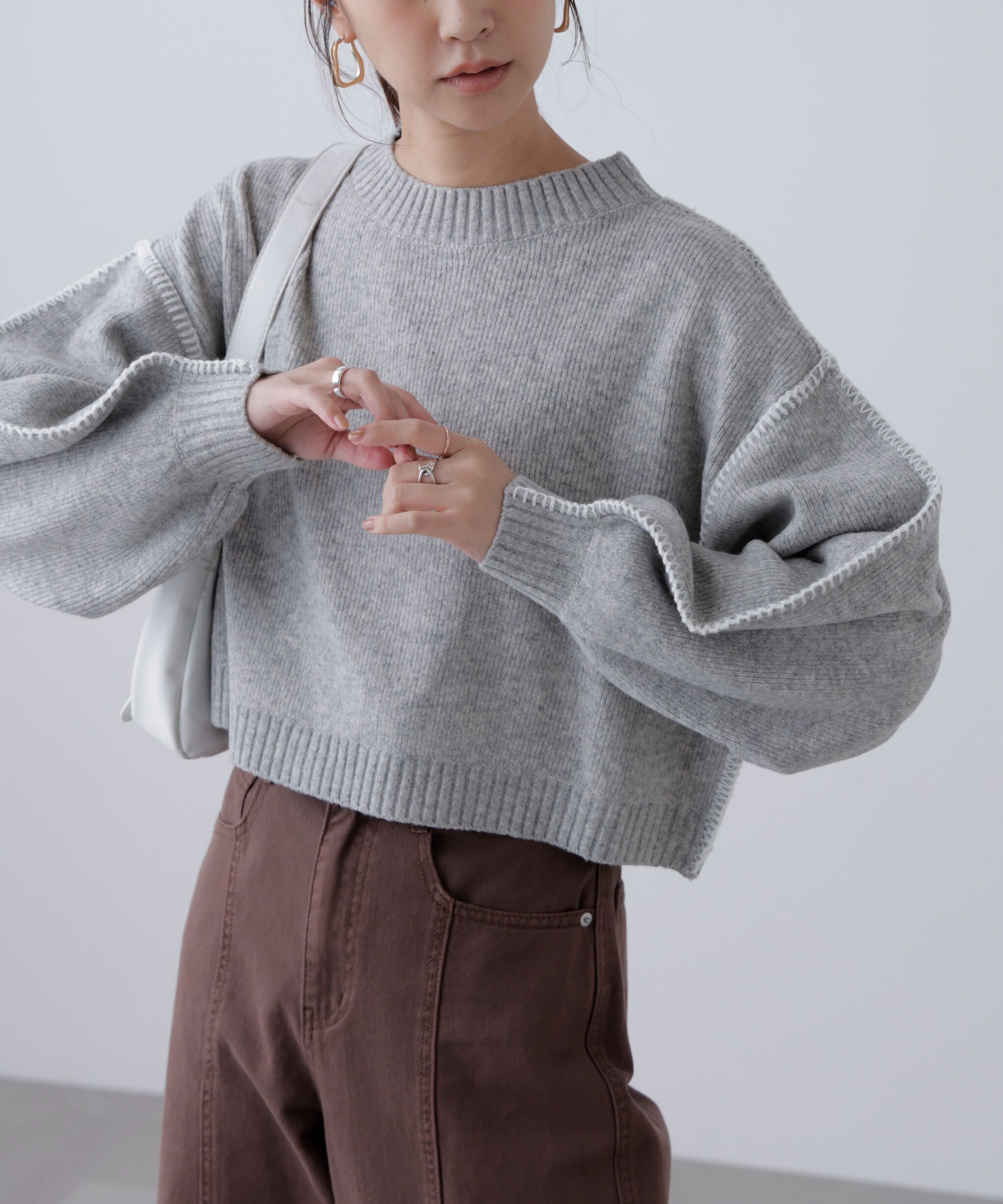  「杢ストレッチ総針配色ステッチニット」|ニット・セーター|