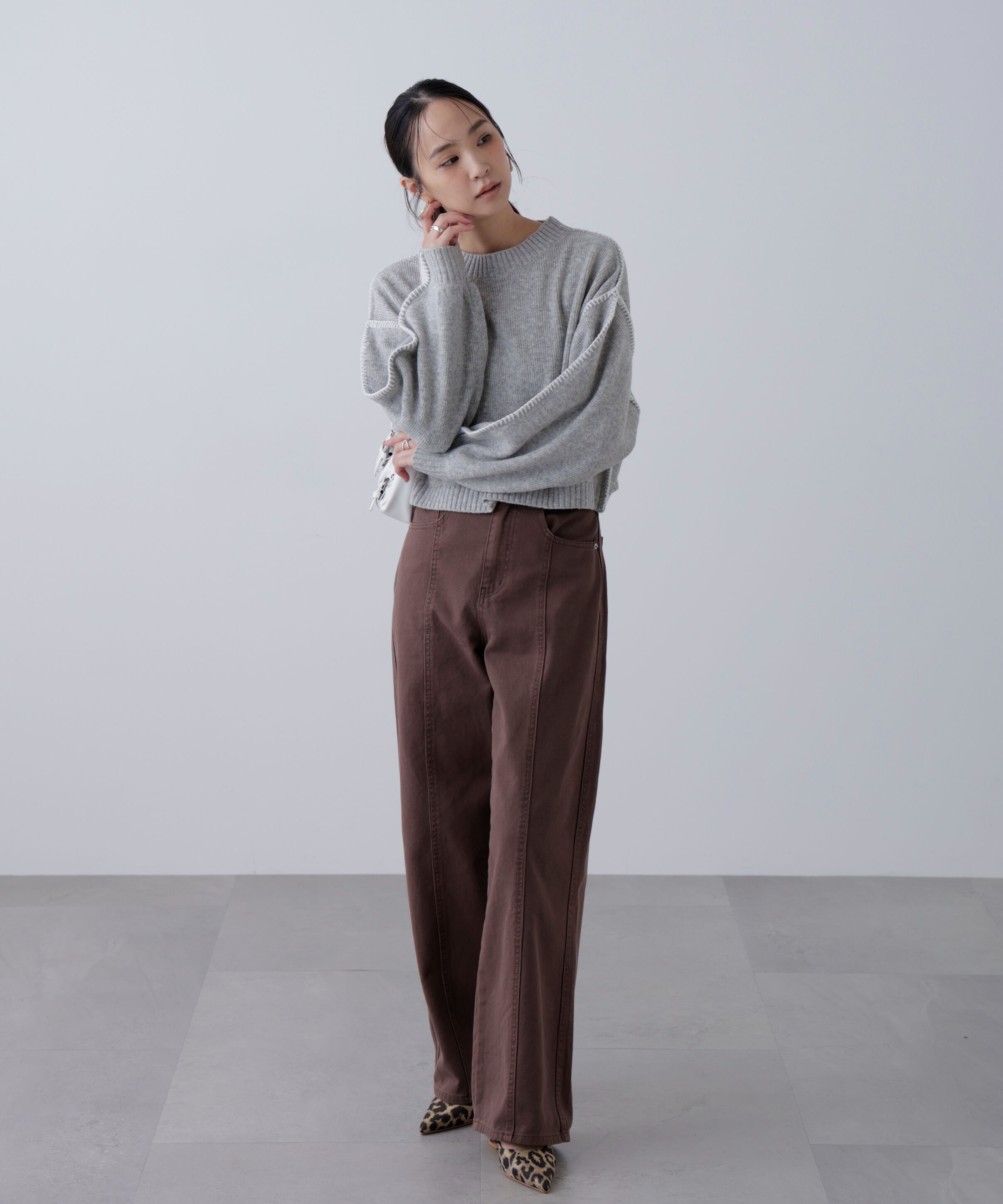  「杢ストレッチ総針配色ステッチニット」|ニット・セーター|