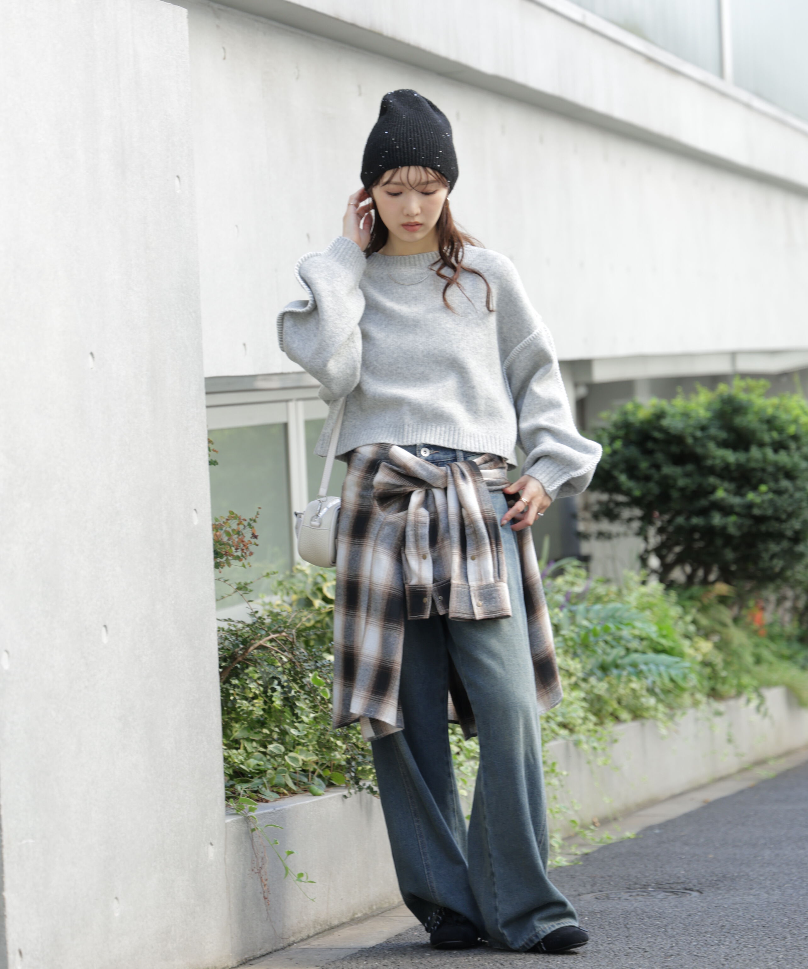  「杢ストレッチ総針配色ステッチニット」|ニット・セーター|