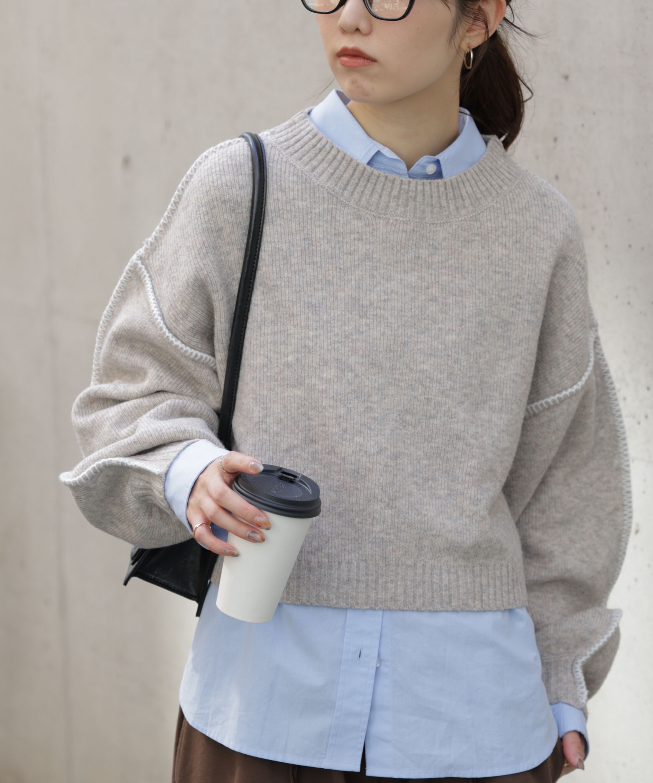  「杢ストレッチ総針配色ステッチニット」|ニット・セーター|ベージュ