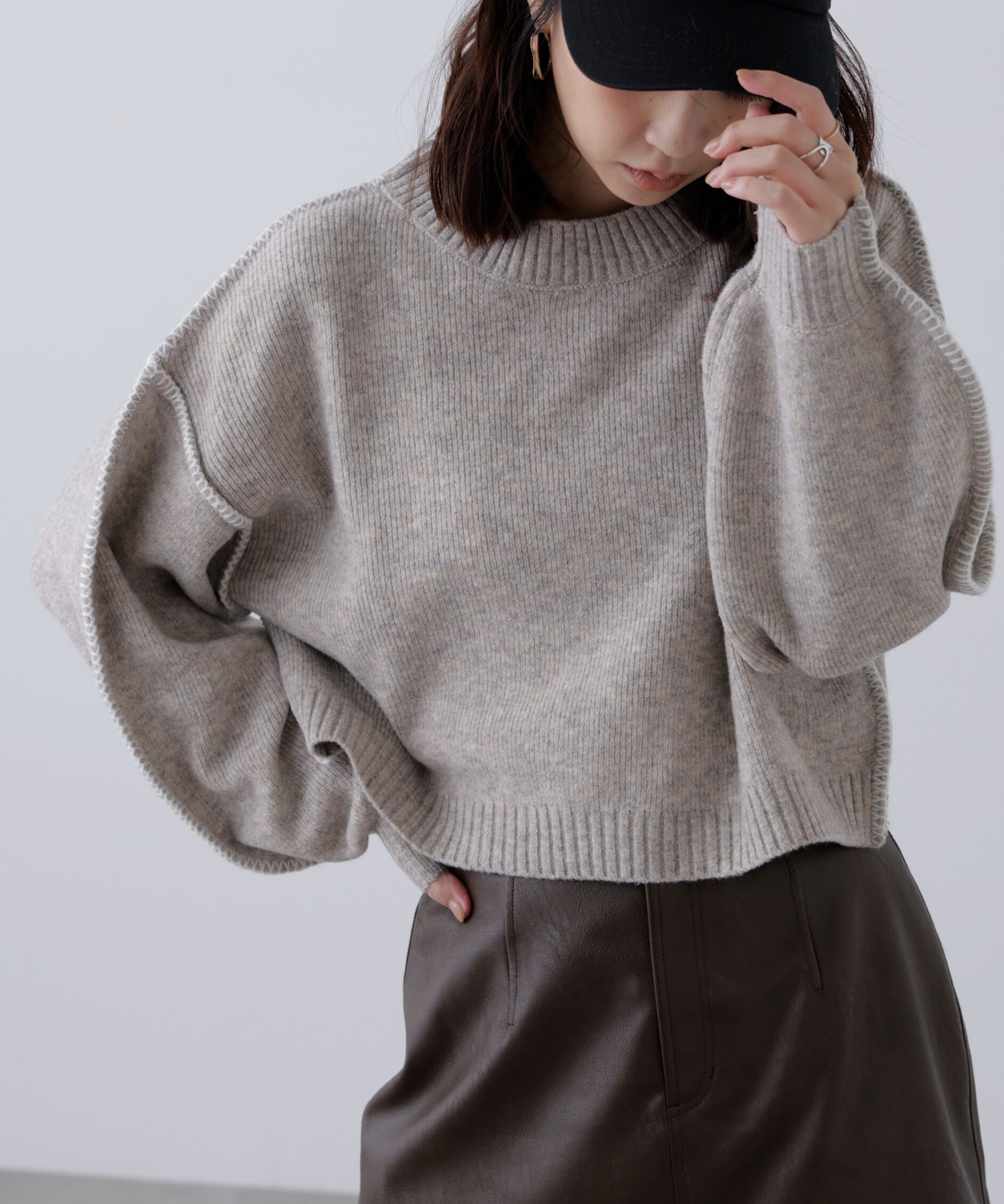  「杢ストレッチ総針配色ステッチニット」|ニット・セーター|