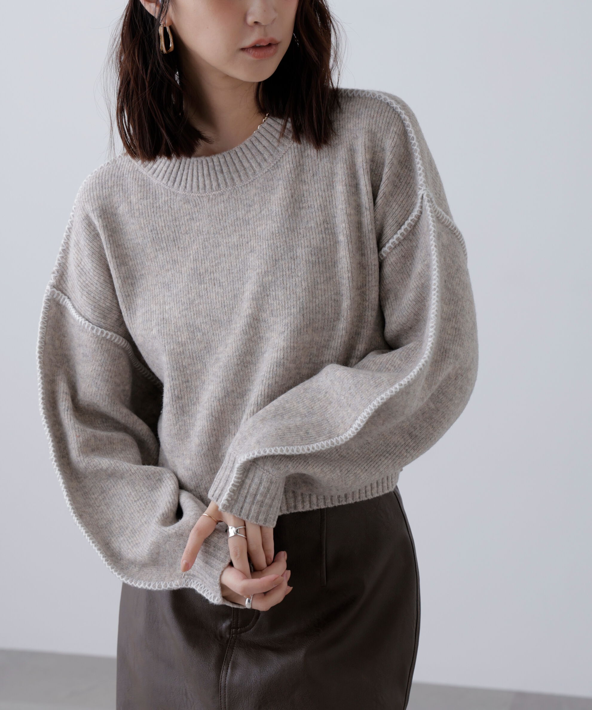  「杢ストレッチ総針配色ステッチニット」|ニット・セーター|