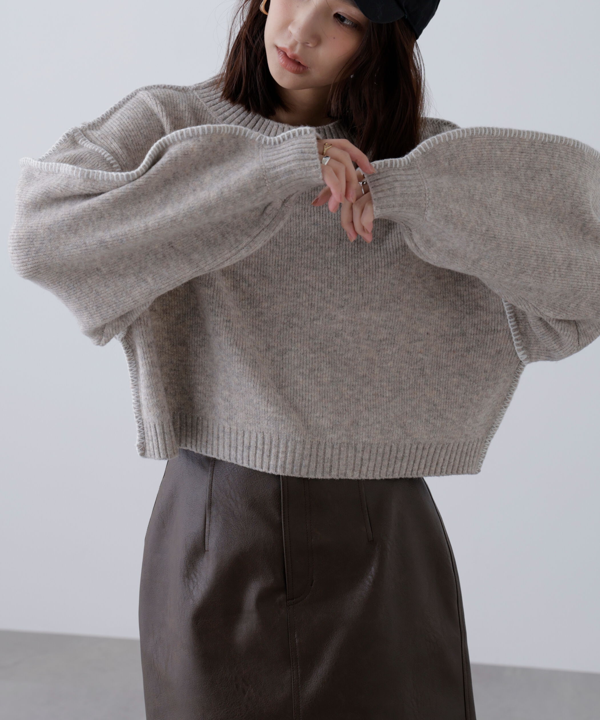  「杢ストレッチ総針配色ステッチニット」|ニット・セーター|