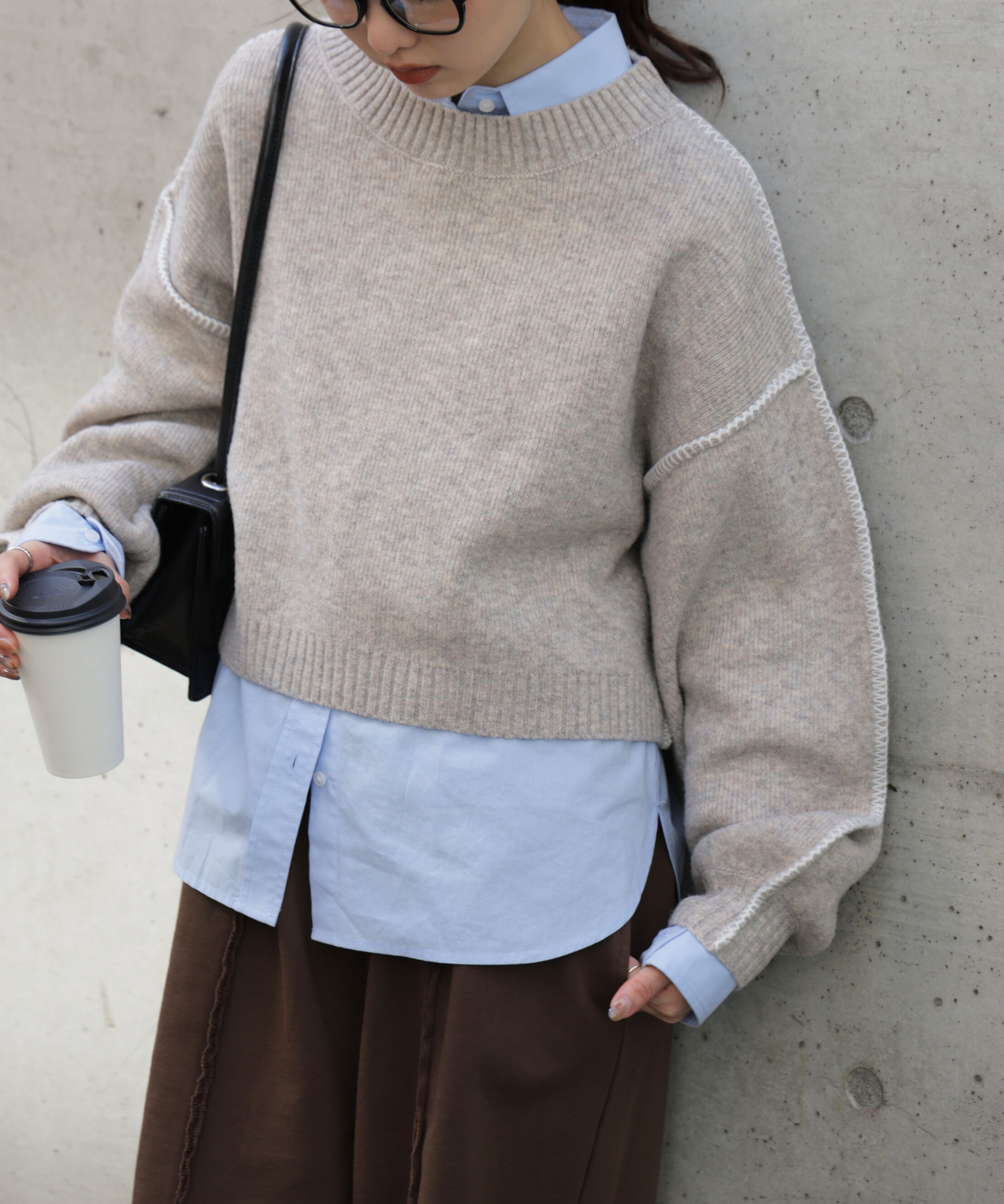  「杢ストレッチ総針配色ステッチニット」|ニット・セーター|