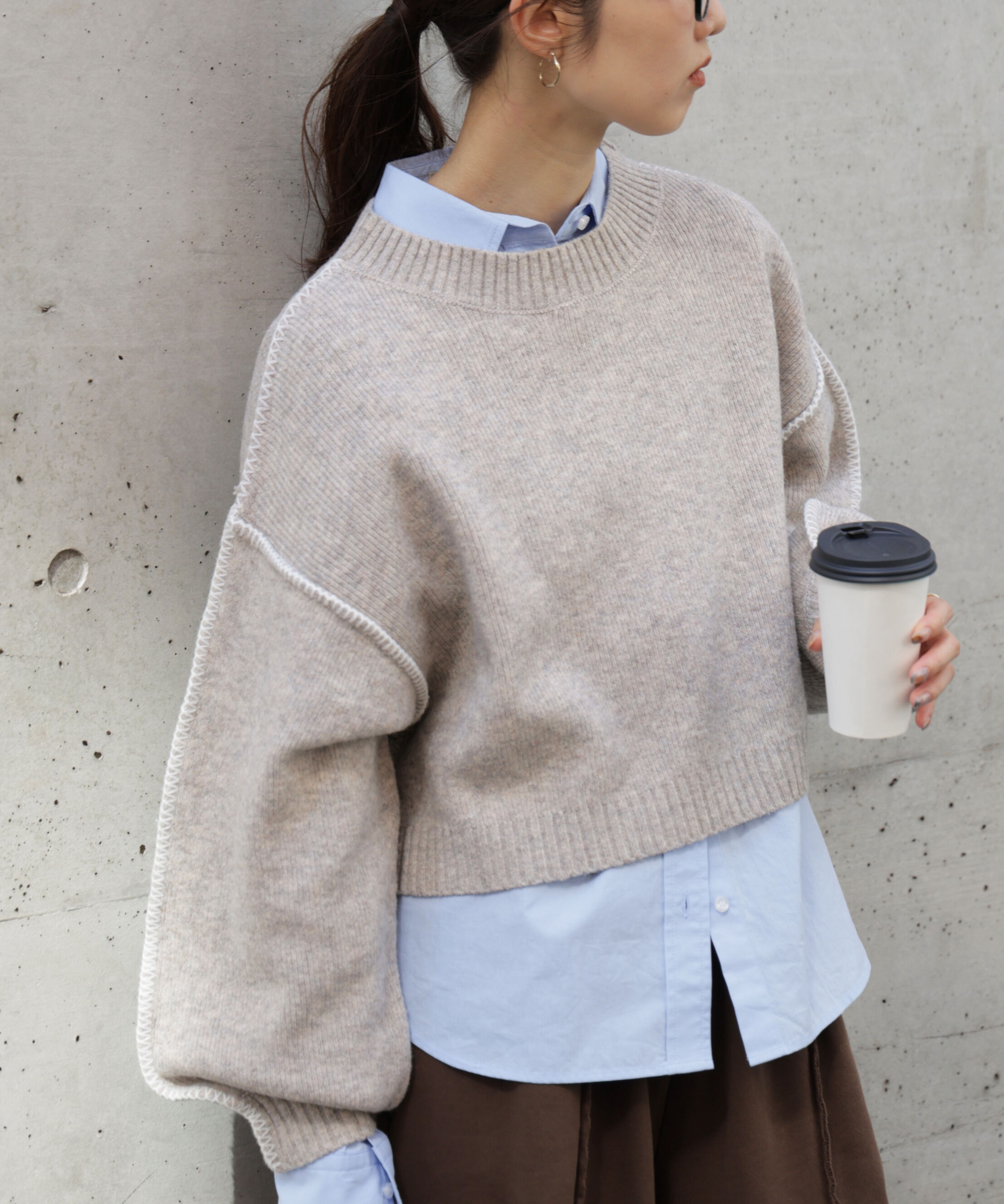  「杢ストレッチ総針配色ステッチニット」|ニット・セーター|