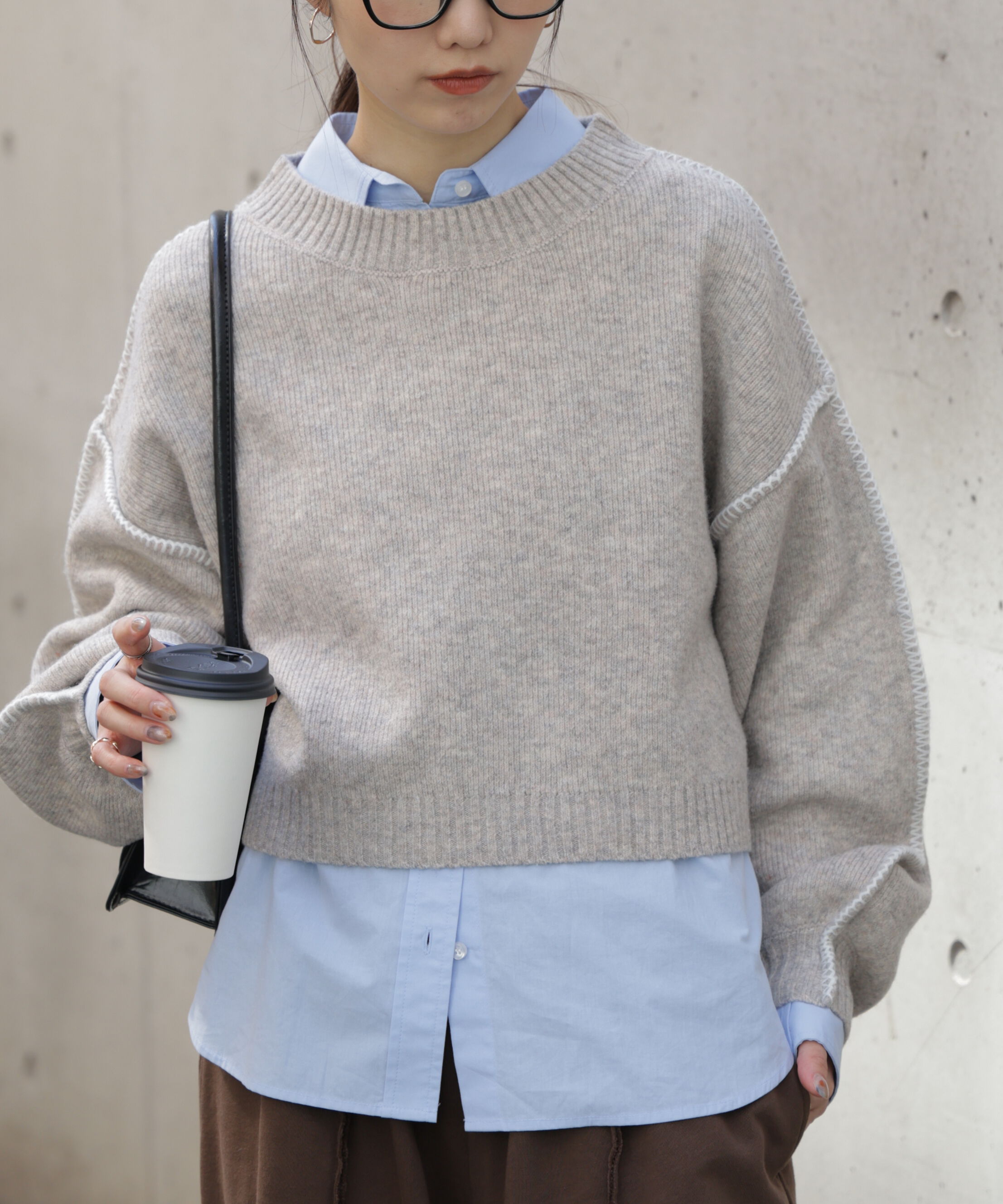  「杢ストレッチ総針配色ステッチニット」|ニット・セーター|