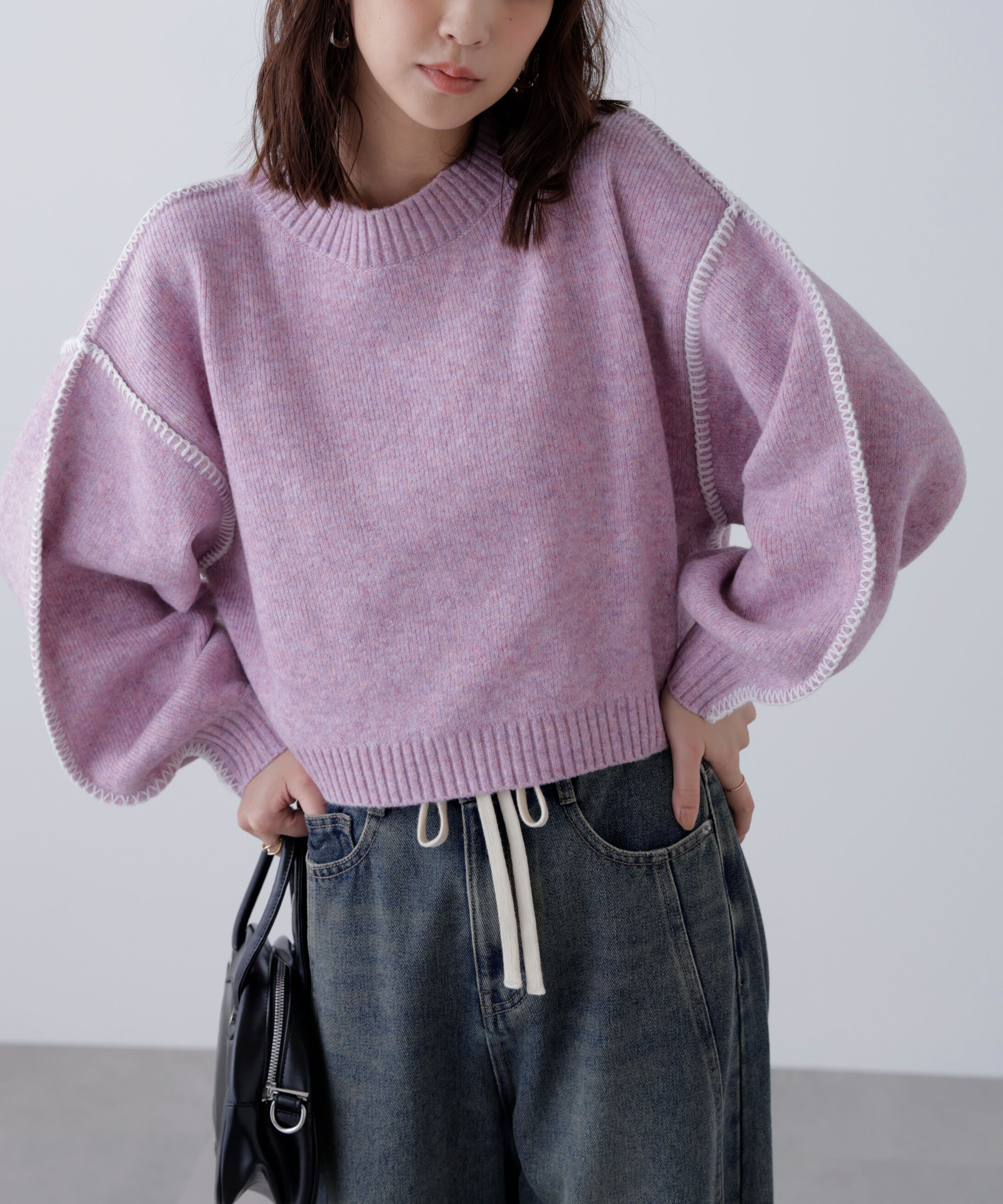  「杢ストレッチ総針配色ステッチニット」|ニット・セーター|