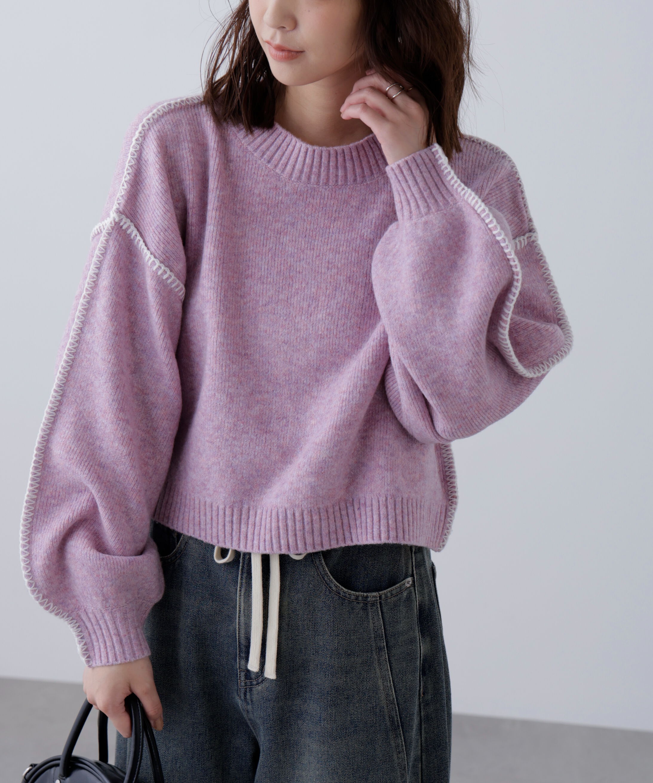  「杢ストレッチ総針配色ステッチニット」|ニット・セーター|