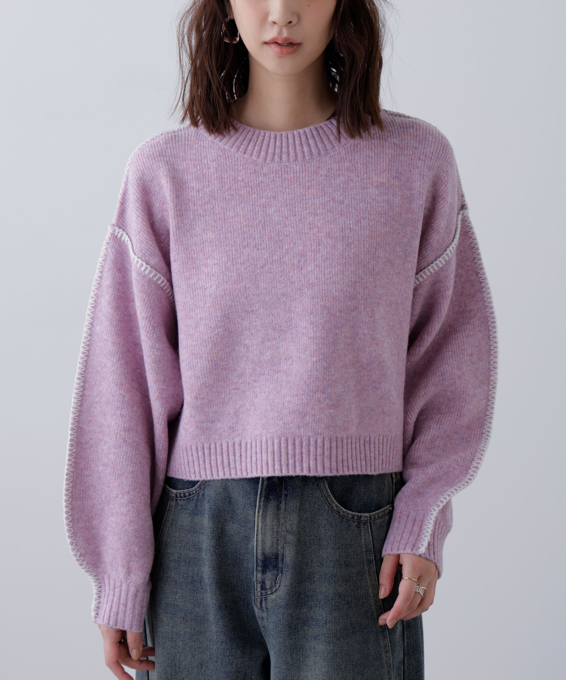  「杢ストレッチ総針配色ステッチニット」|ニット・セーター|