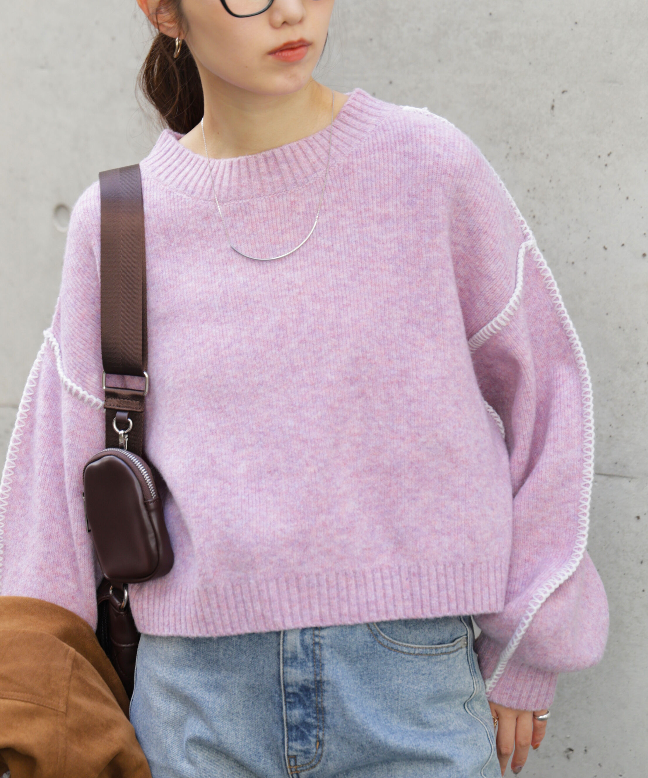  「杢ストレッチ総針配色ステッチニット」|ニット・セーター|