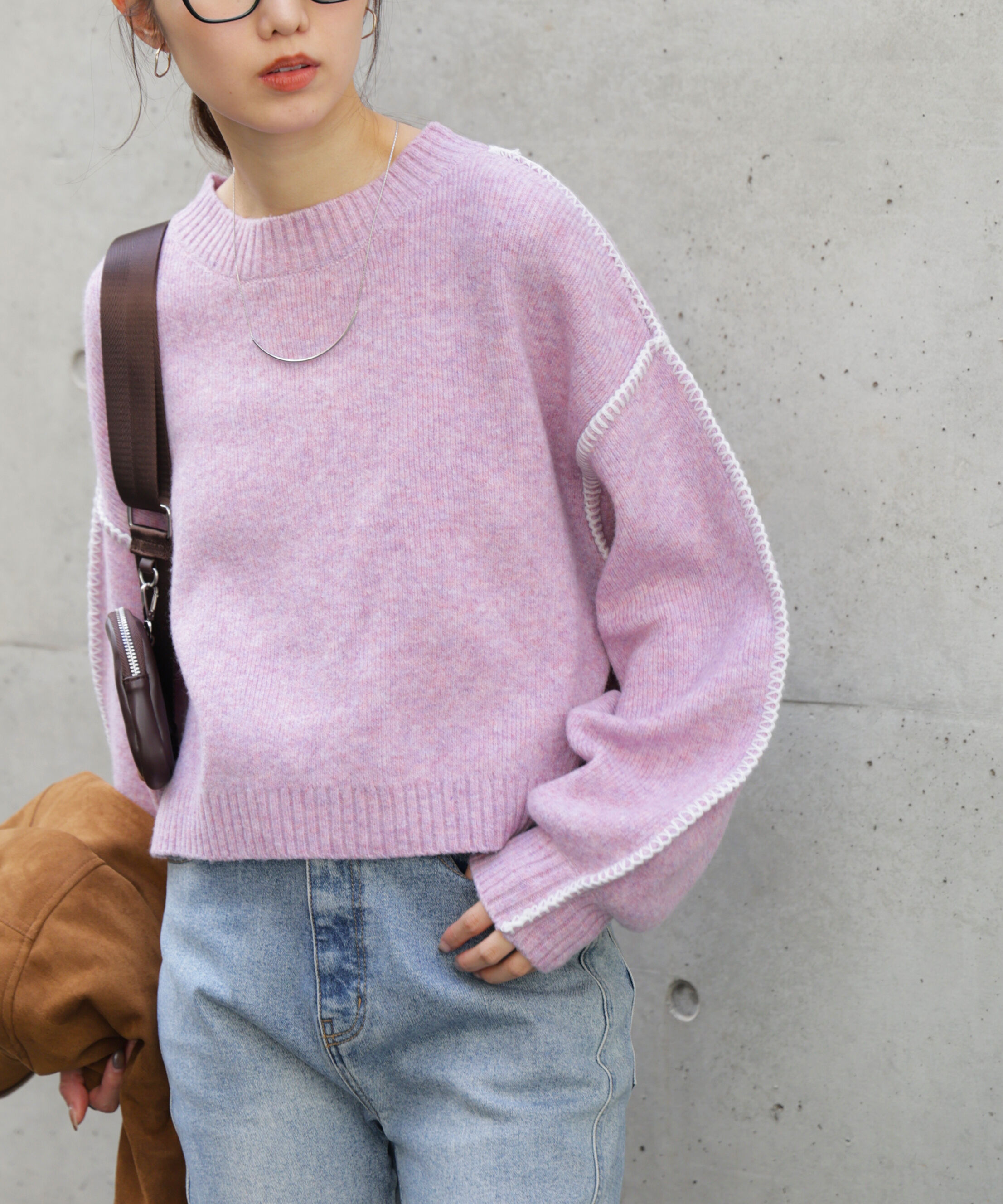  「杢ストレッチ総針配色ステッチニット」|ニット・セーター|