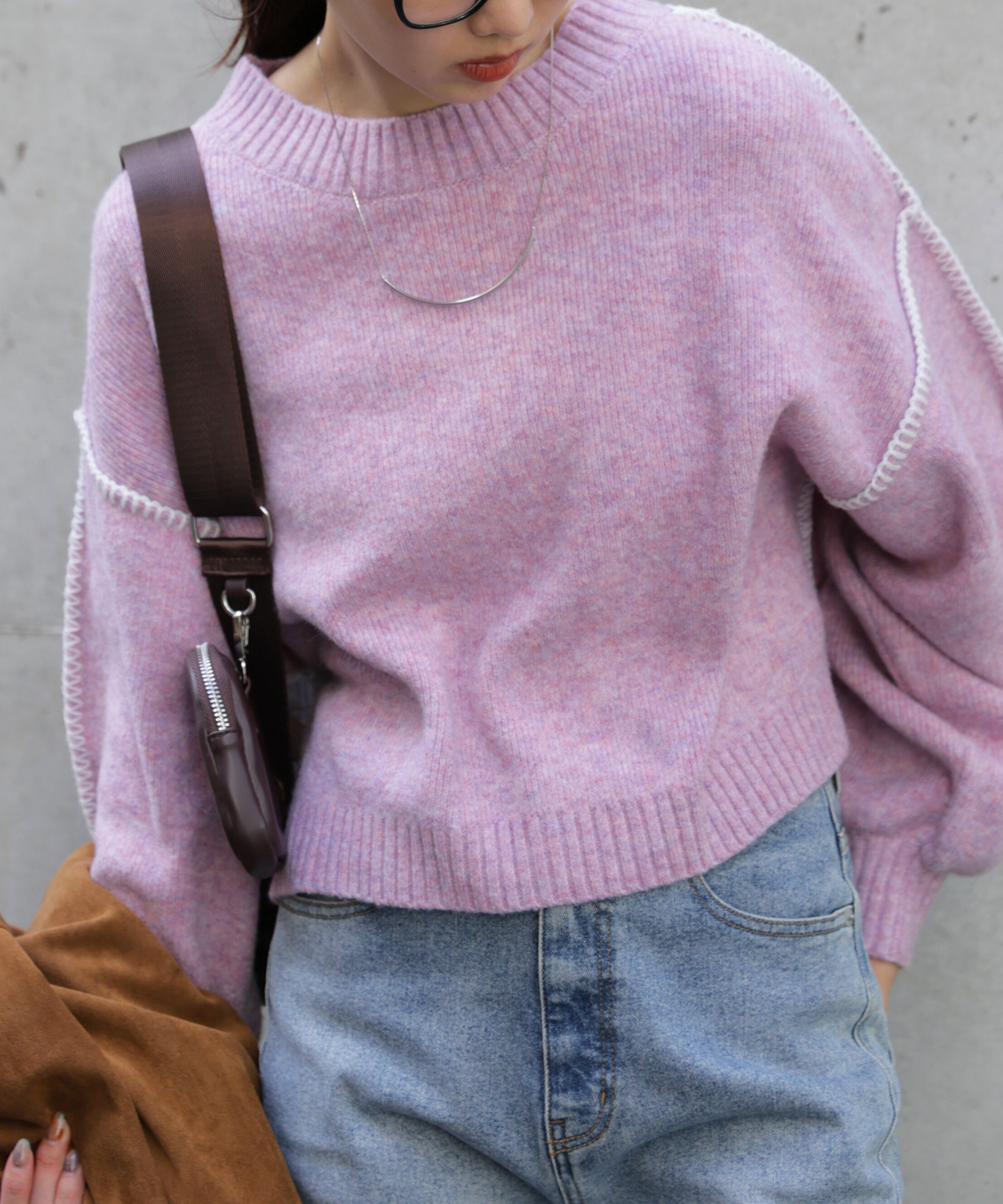  「杢ストレッチ総針配色ステッチニット」|ニット・セーター|